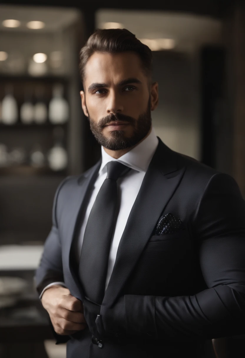 em cima、Make a handsome man in his 41s in a black suit and tie, CEO, cabelos castanhos e barba, (Homem de terno preto e gravata), ), (Use barba,) Attractive and serious look, cabelos curtos e escuros, Elegante e elegante, Barbear suit-fit e corpo forte, (alta qualidade, imagens realistas), Preto escuro e claro no fundo da imagem, Estilo de filme, ((qualidade superior, 8k, obra prima), ultra hi definition photo, (Rostos bonitos detalhados, textura da pele do detalhe, Corpo hiperdetalhado:1.1)