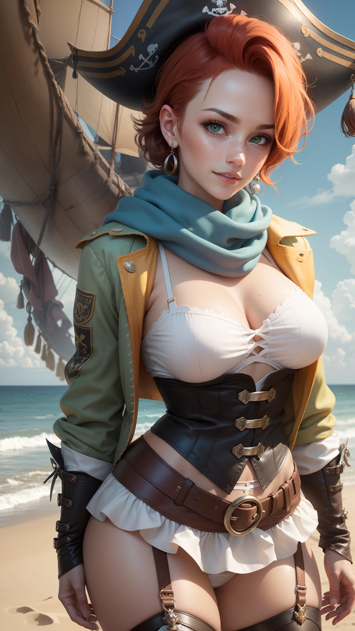 gwen tennyson,elsa,tracer,atelier ryza, ager,pirate outfit, beach,green eyes,long scarf,thigh high boots,garter belt,shy smile,striped panties,short hair,orange hair,pirate ship,close up,white striped top,denim micro skirt,wet shirt,freckles,redhead,pirate corset,pirate jacket,beautiful girl,large breasts,ultra detailed,realistic,pearl earrings,