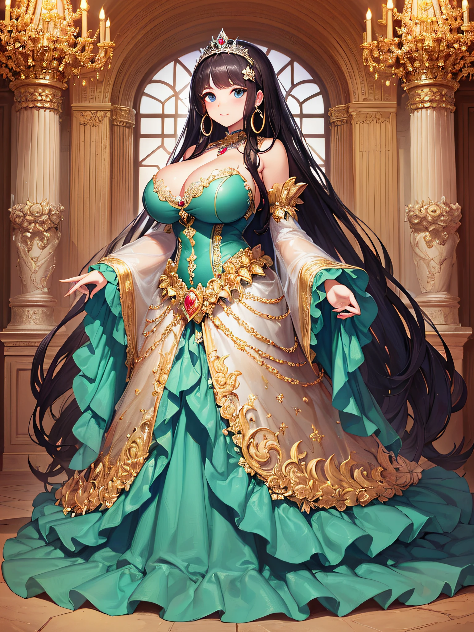 (masterpiece, best quality,extremely detailed:1.1),(moe anime art style:1.3),1 girl,((full body portrait)),standing in palace of versailles,((solo)),cute,kawaii,digital art,(((1 princess wearing gorgeous princess rococo ballgown with voluminous full length hoop skirt))),((crinoline)),long train,((beautiful embroidery and jeweled)),voluminous frills,See-through,(gorgeous embroidery and beautiful lace),(((gigantic tits,skindentation,cleavage))),(((very long hair,very long straight hair))),((finely detailed face and eyes)),clear pupil,extremely gorgeousfull hair ornament,(bling-bling jeweled extremely gorgeousfull tiara),(bling-bling gorgeous gemstone jewelry),long veil,(beautiful background),full body,((gorgeous princess rococo ballgown with voluminous full length hoop skirt))