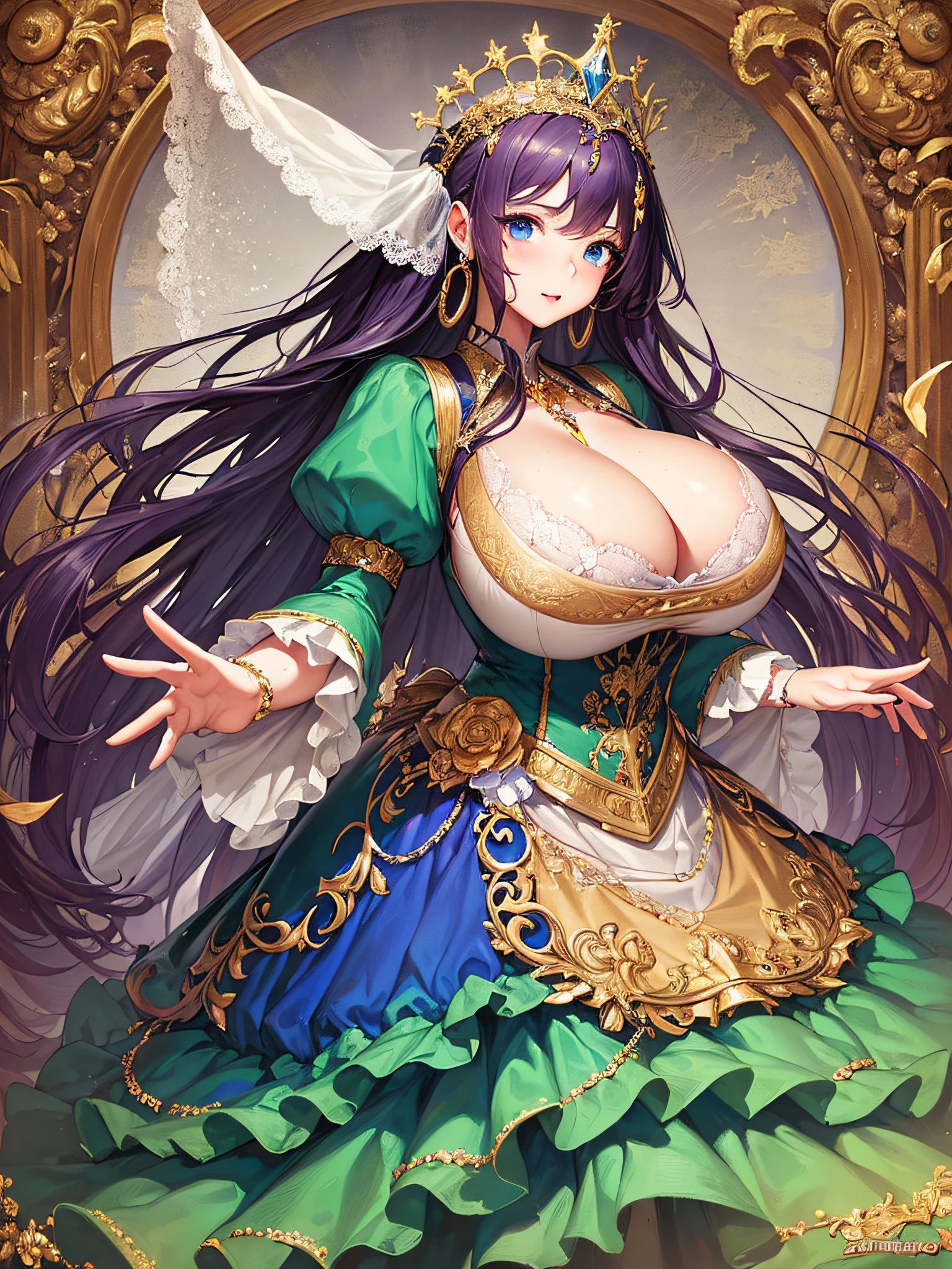 (masterpiece, best quality,extremely detailed:1.1),(moe anime art style:1.3),1 girl,((full body portrait)),standing in palace of versailles,((solo)),cute,kawaii,digital art,(((1 princess wearing gorgeous princess rococo ballgown with voluminous full length hoop skirt))),((crinoline)),long train,((beautiful embroidery and jeweled)),voluminous frills,See-through,(gorgeous embroidery and beautiful lace),(((gigantic tits,skindentation,cleavage))),(((very long hair,very long straight hair))),((finely detailed face and eyes)),clear pupil,extremely gorgeousfull hair ornament,(bling-bling jeweled extremely gorgeousfull tiara),(bling-bling gorgeous gemstone jewelry),long veil,(beautiful background),full body,((gorgeous princess rococo ballgown with voluminous full length hoop skirt))