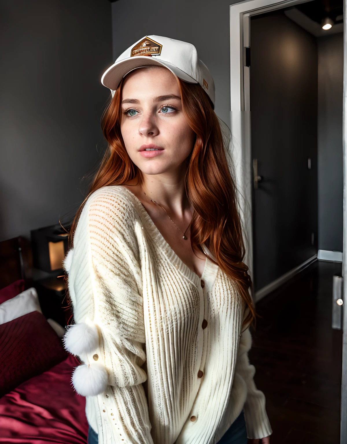 (full body) full-length shot of a young red headed beauty, safe for work, drinking coffee, bright red long hair, ultra sharp focus, (high detailed skin:1.2), 8k uhd, dslr, high quality, film grain, Fujifilm XT38k, {{1girl}} (8k, RAW photo, highest quality),(epic realistic:1.5), dynamic posture,erotic face (detailed eyes:0.8),(looking at the camera:1.4), (highest quality), (best shadow),intricate details,cinematic,((skin:1.4)),interior,dark studio,(hdr:1.5),detailed,(bright lighting: 0.7), masterpiece, captivating eyes, bright details, pouting lips, (high skin detail) , flirting with camera, wearing cap, hair bun, white fluffy sweater, room background