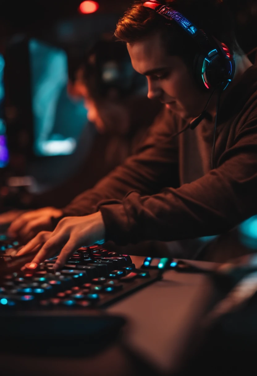 garoto gamer sorrindo,moreno, perfect hands, teclado rgb, computador gamer, fone de ouvido, foto de perfil, live stream
