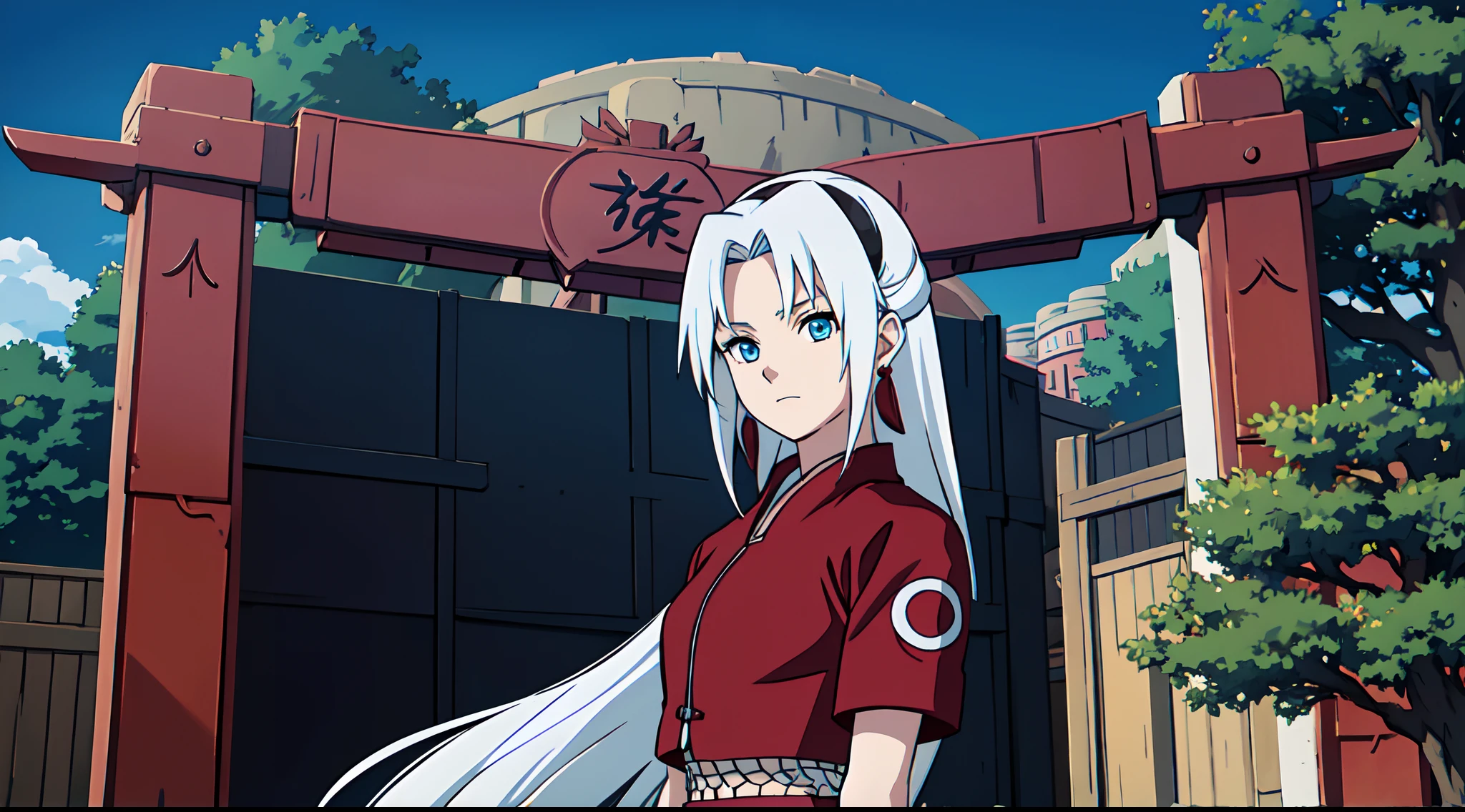 masterpiece, best quality, 1lady, very long hair with bangs, white hair, blue eyes, red crop top, black shorts, mesh undershirt, calm, earrings, blue sky, outdoors, close up, konohavillage konoha gate walls, cable, tree