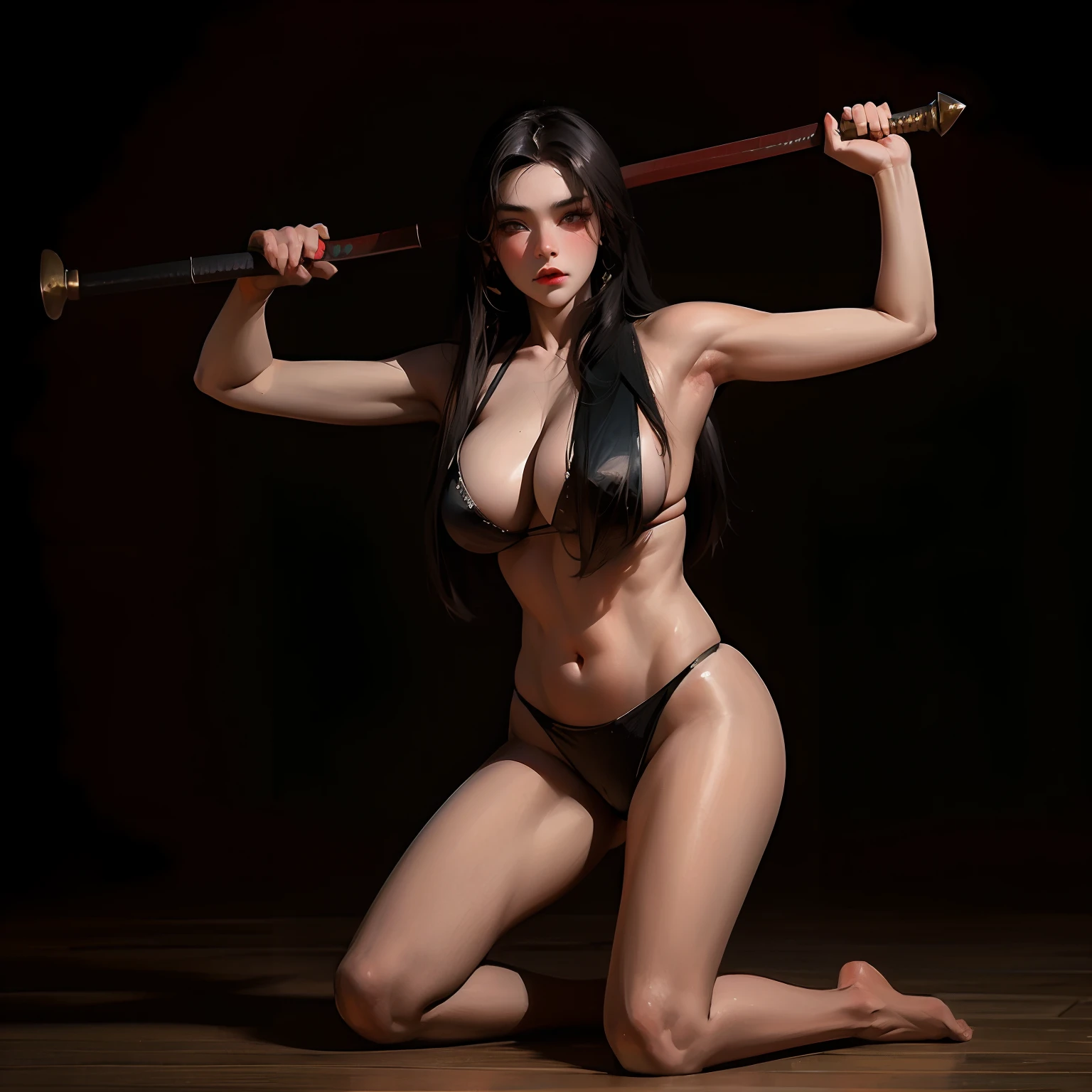 Arad woman in bikini holding a baseball bat on a wooden floor, she is holding a katana sword, ornate korean polearm behind her, unsheathing her katana, with axe, posing with a sword, katanas strapped to her back, she is holding a long staff, Japanese goddess, she is holding a sword, she is ready to fight
