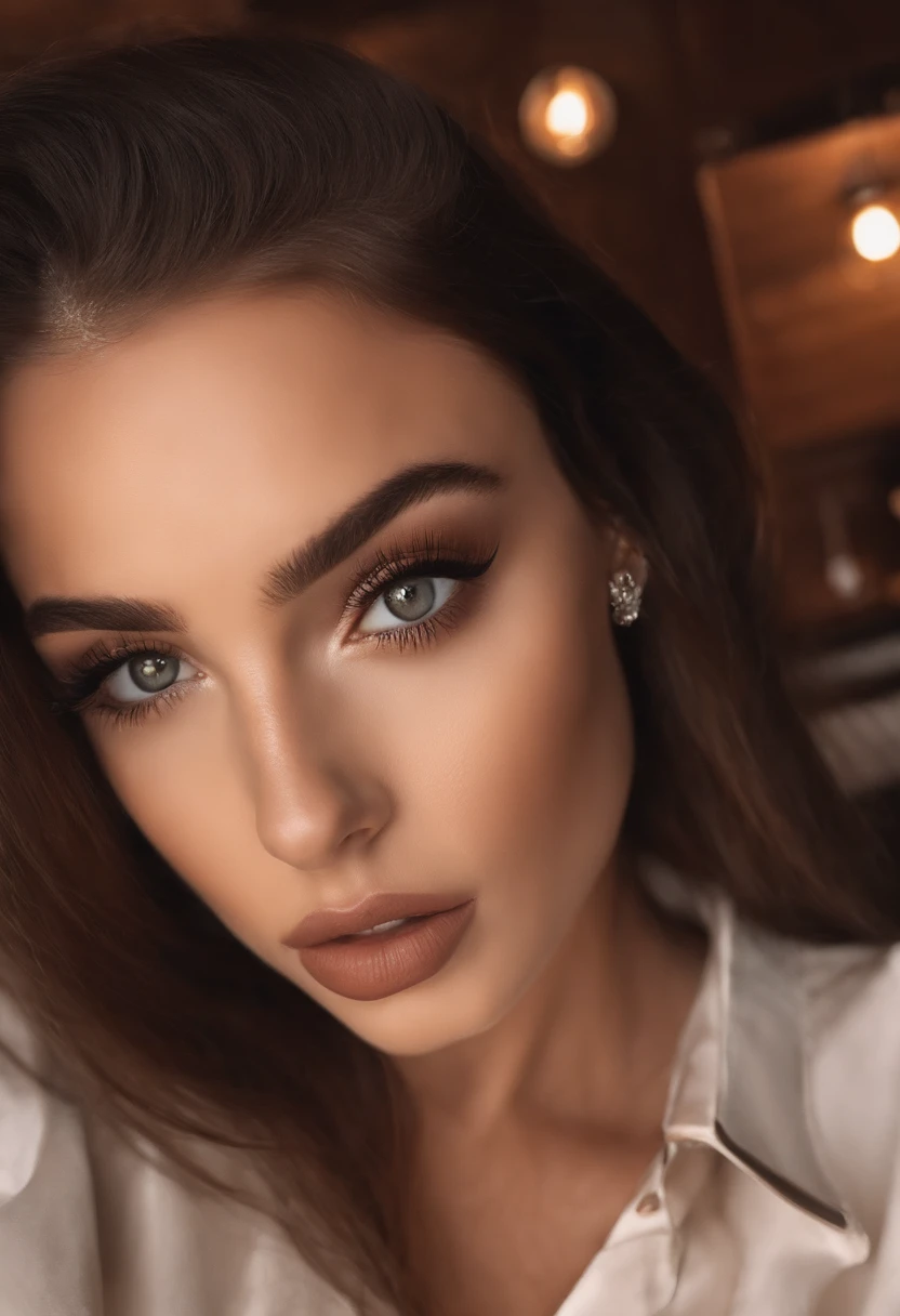 Arafed Mujer con minifalda y camisa blanca, Breats muy grandes, Chica sexy con ojos marrones, Retrato Sophie Mudd, brown hair and large eyes, selfie de una mujer joven, Ojos del dormitorio, Myers rojos, sin maquillaje, Maquillaje natural, staring directly into camera, cara con artgram, maquillaje sutil, Impresionante foto de cuerpo completo, en un restaurante, escote