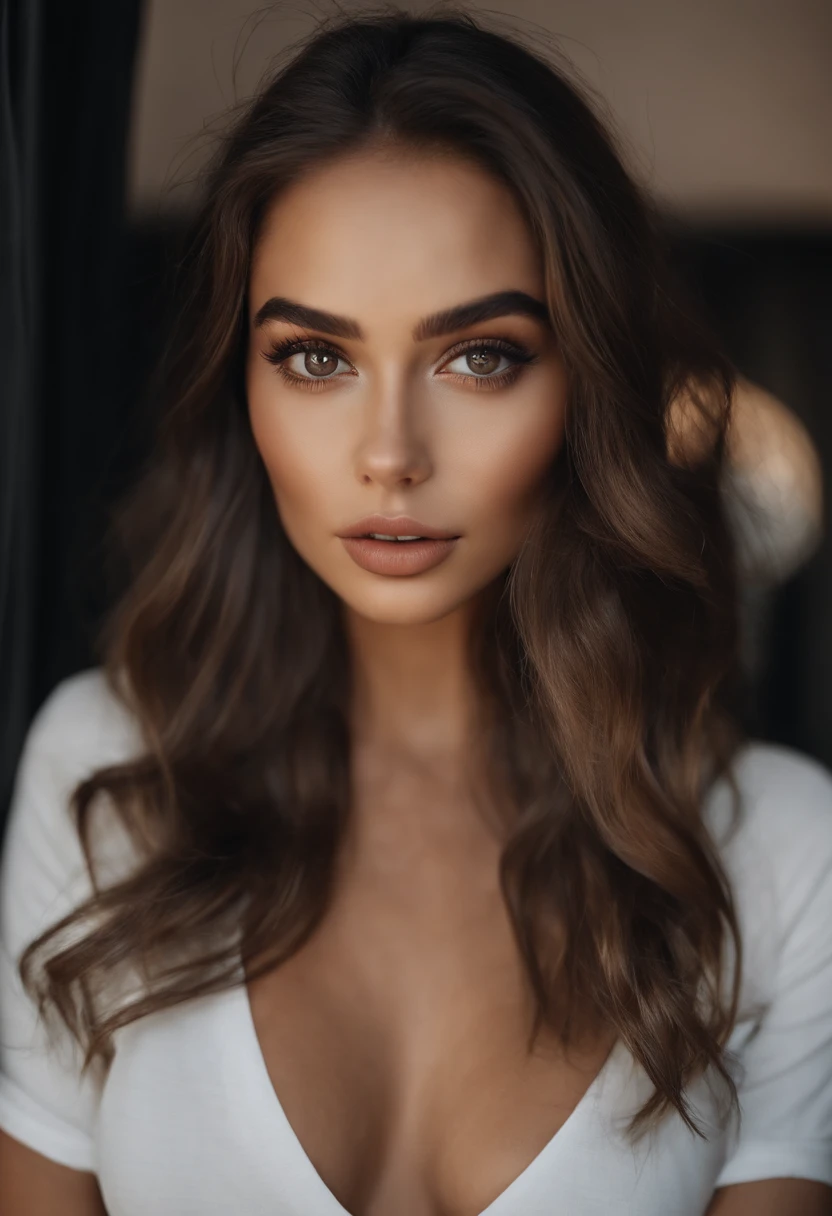 Arafed Mujer con minifalda y camisa blanca, Breats muy grandes, Chica sexy con ojos marrones, Retrato Sophie Mudd, brown hair and large eyes, selfie de una mujer joven, Ojos del dormitorio, Myers rojos, sin maquillaje, Maquillaje natural, staring directly into camera, cara con artgram, maquillaje sutil, Impresionante foto de cuerpo completo, en un restaurante, escote