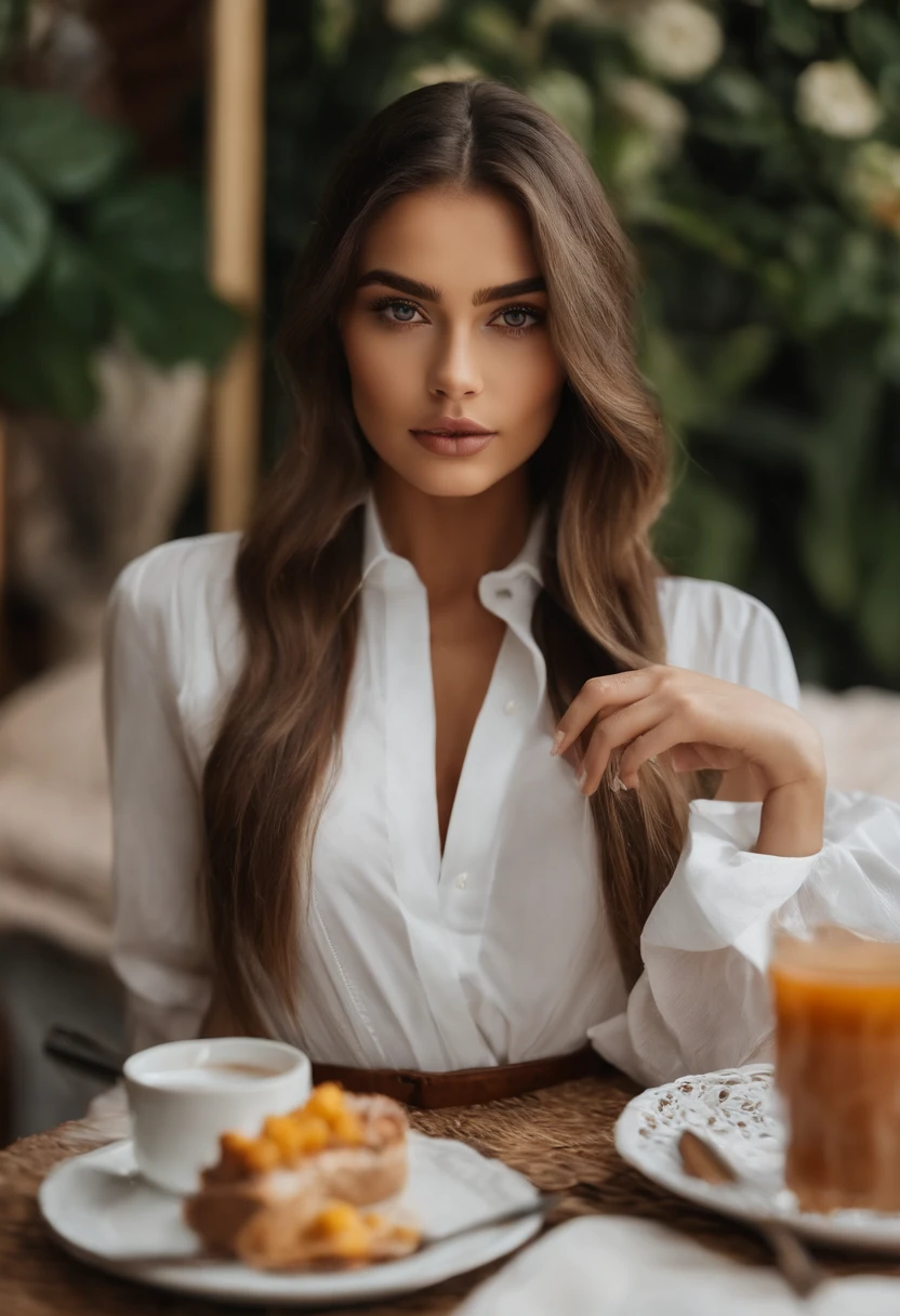 Arafed Mujer con minifalda y camisa blanca, Breats muy grandes, Chica sexy con ojos marrones, Retrato Sophie Mudd, brown hair and large eyes, selfie de una mujer joven, Ojos del dormitorio, Myers rojos, sin maquillaje, Maquillaje natural, staring directly into camera, cara con artgram, maquillaje sutil, Impresionante foto de cuerpo completo, en un restaurante, escote