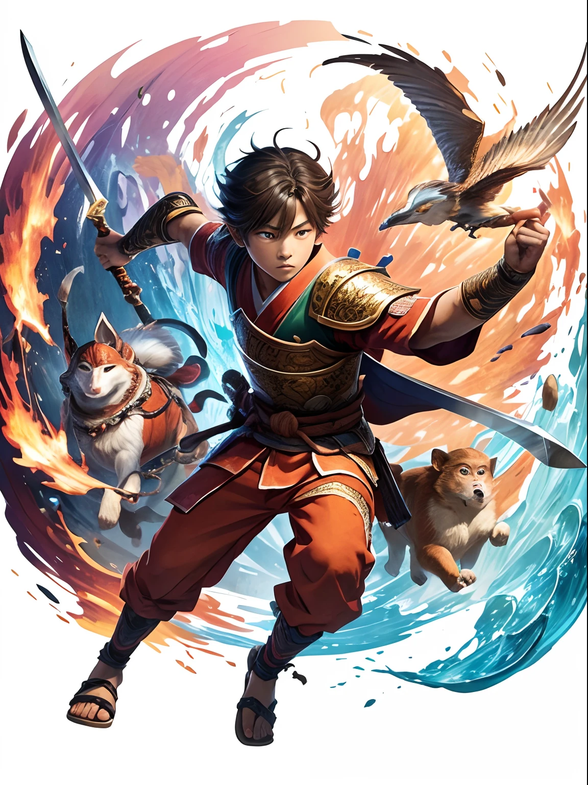 A breathtaking illustration depicting the epic story of Momotaro, the Peach Boy. Showcase Momotaro, a brave young hero in vibrant peach armor, wielding a magical sword. Surround him with loyal animal companions: a fierce dog, a wise monkey and a fearless pheasant. Capture the determination in Momotaro's eyes as he embarks on his quest to defeat the evil demons. The illustration should be filled with vibrant colors, intricate details, and a sense of movement, as if it's frozen in the middle of an action-packed moment.