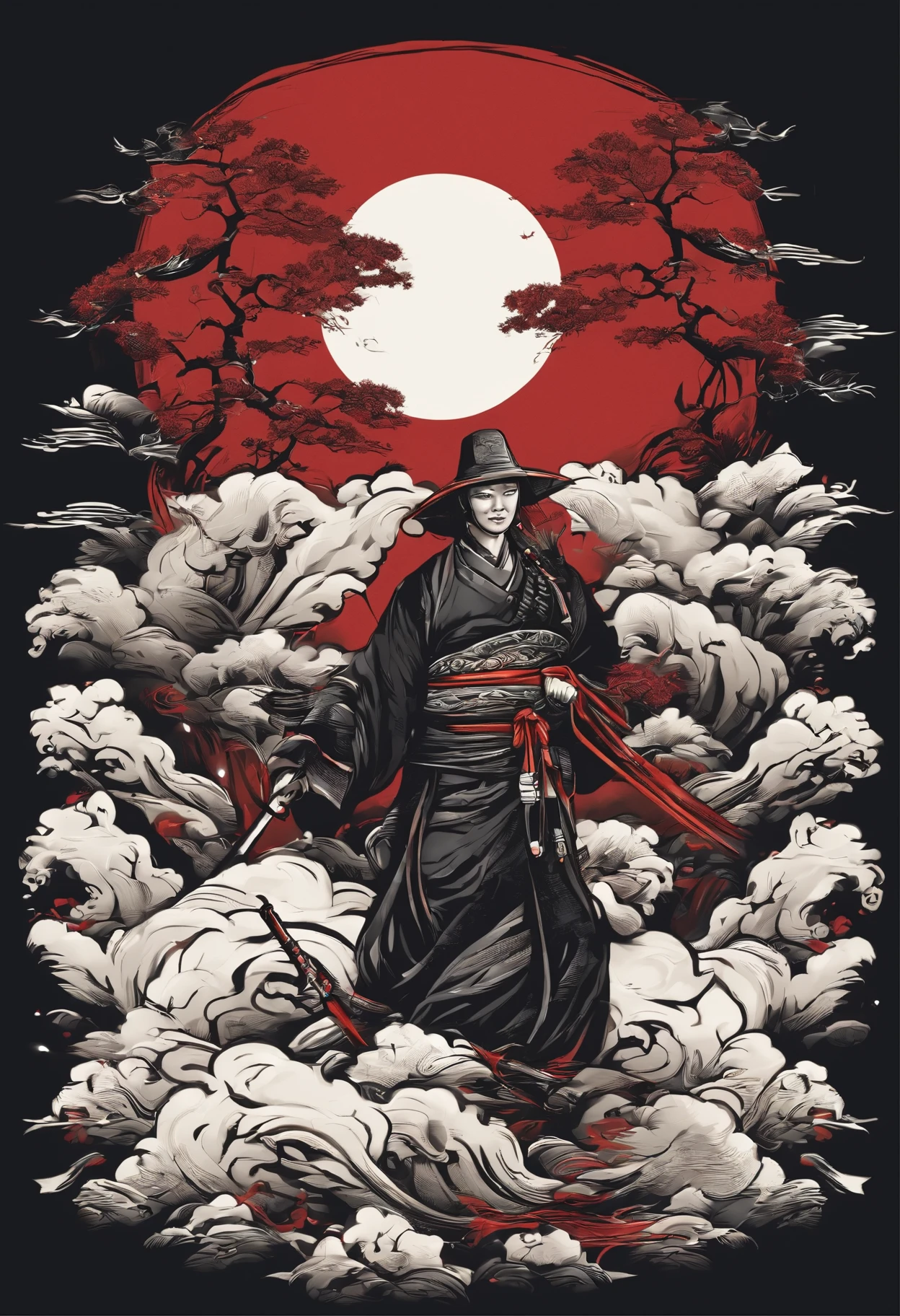 Japanese katana vector t-shirt printing, estilo de adesivo detalhado, desenho de cor estilo tatuagem, fundo branco, nevoeiro, Chinese Standard Clouds. Traditional Chinese art with ink, parchment