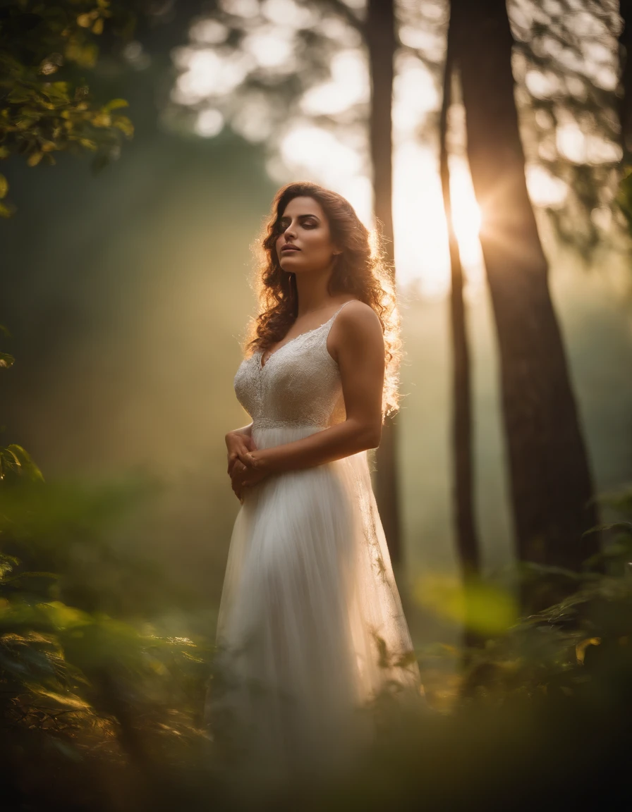 Anjo branco alto feminino lindo, em uma floresta brasileira com muita arvores em um fundo, um sol bem alto e claro, muitas borboletas, In the image with vibrant colors and in 4K with sky full of cloud and mist
