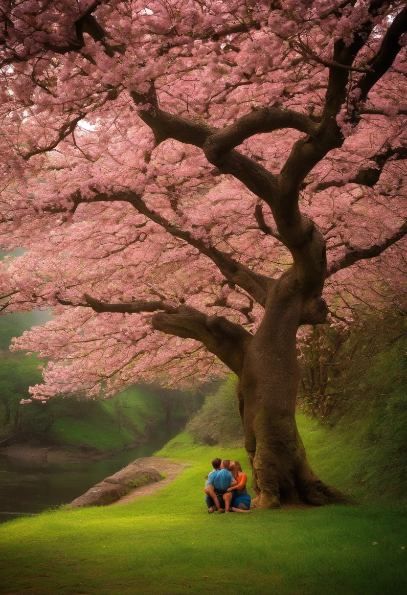 imagem de dois monges, um velho e um jovem adolescente, sentados debaixo de uma arvore de cerejeira em flor