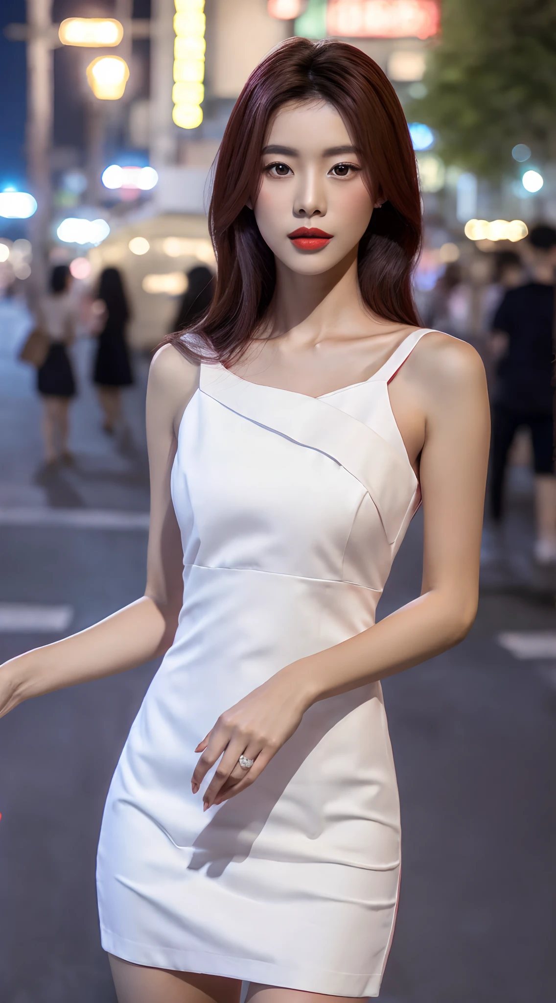 Korean woman walking down street in red dress at night,in a red dress,red dress,Dressed in elegant dresses,photo of slim girl model,gorgeous young korean woman,Smooth red tights set,Korean female fashion model,in a red dress,Woman in dress,tightly dress,Wearing a cute red dress,red long skirt,sexy dress