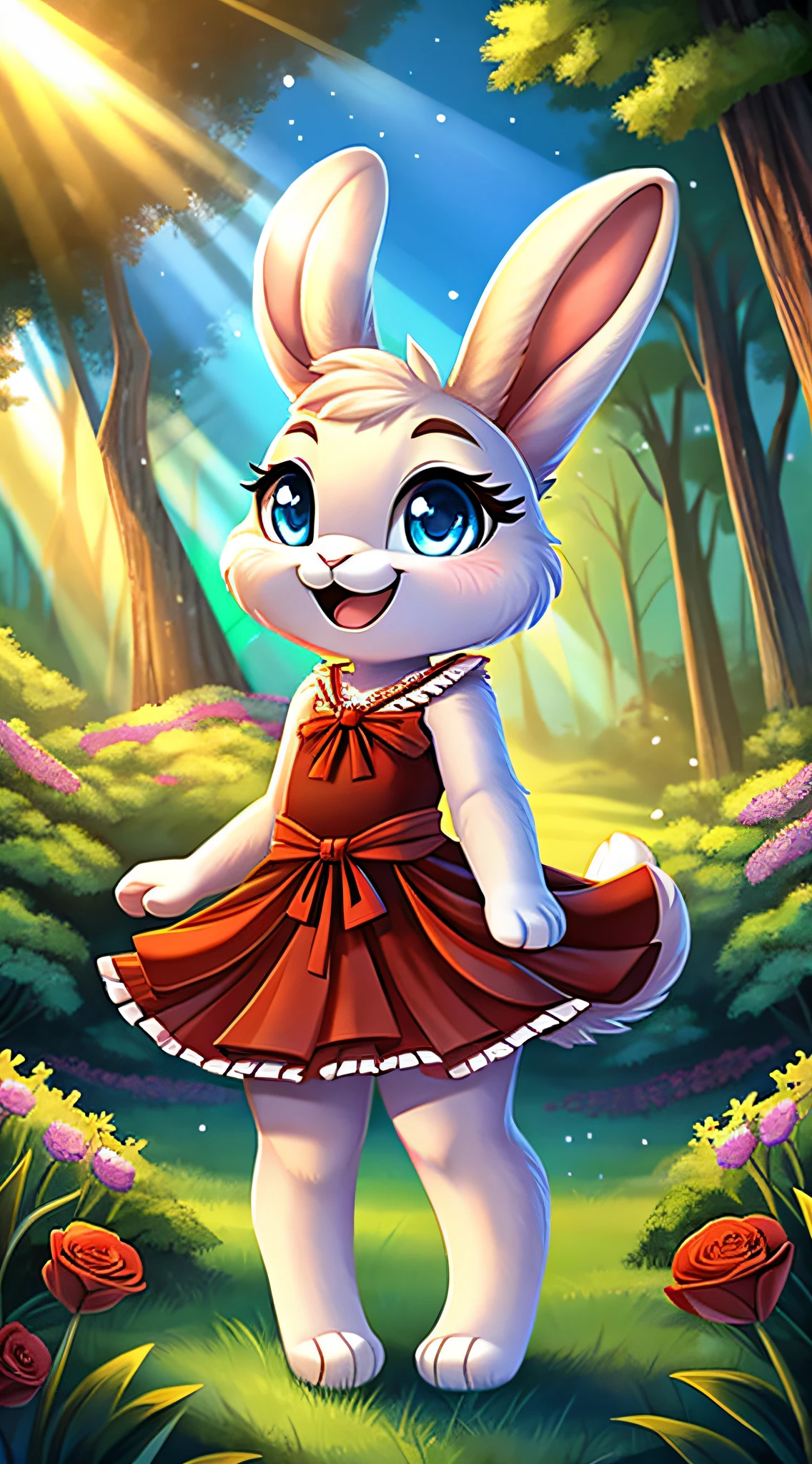 zoomed out image, fantasy style art, cute, adorable, short character, small, tiny little fluffy female white bunny with blue eyes, 4 ears, 2 extra ears, big floppy ears, long ears, ears perked up, raised ears, long eyelashes, poofy rabbit tail, wearing a red frilly ribbon dress, smiling, standing in a forest, big expressive smile, excited pose, happy to see you, open mouth, wide eyes, excited eyes, excited face, stunning visuals, sunlight coming through the trees, flowers scattered in the bushes, digital illustration