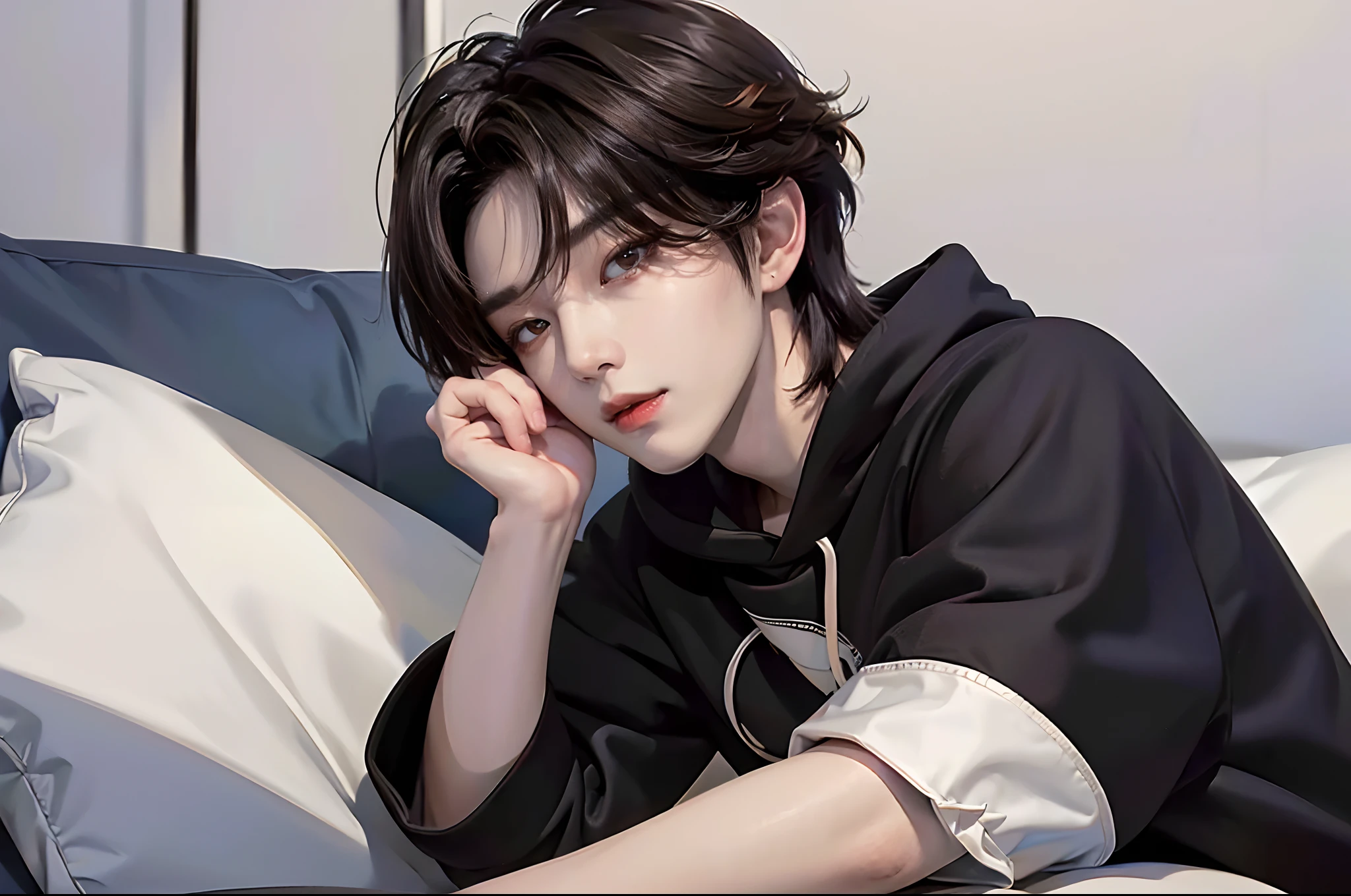 ((4K works))、masterpiece、(top-quality)、((high-level image quality))、((One Manly Boy))、Slim body、((Stylish black hoodie and long white pants))、(Detailed beautiful eyes)、Stylish bedroom、Shooting on a futon、Face similar to Chaewon in Ruseraphim、((short hair above the ears))、((Smaller face))、((Neutral face))、((Light brown eyes))、((Korean boy))、((18year old))、((Handsome man))、((Wild look))、((Korean Makeup))、((elongated and sharp eyes))、((Lying on the futon))、((selfee))、((Upper body photography))