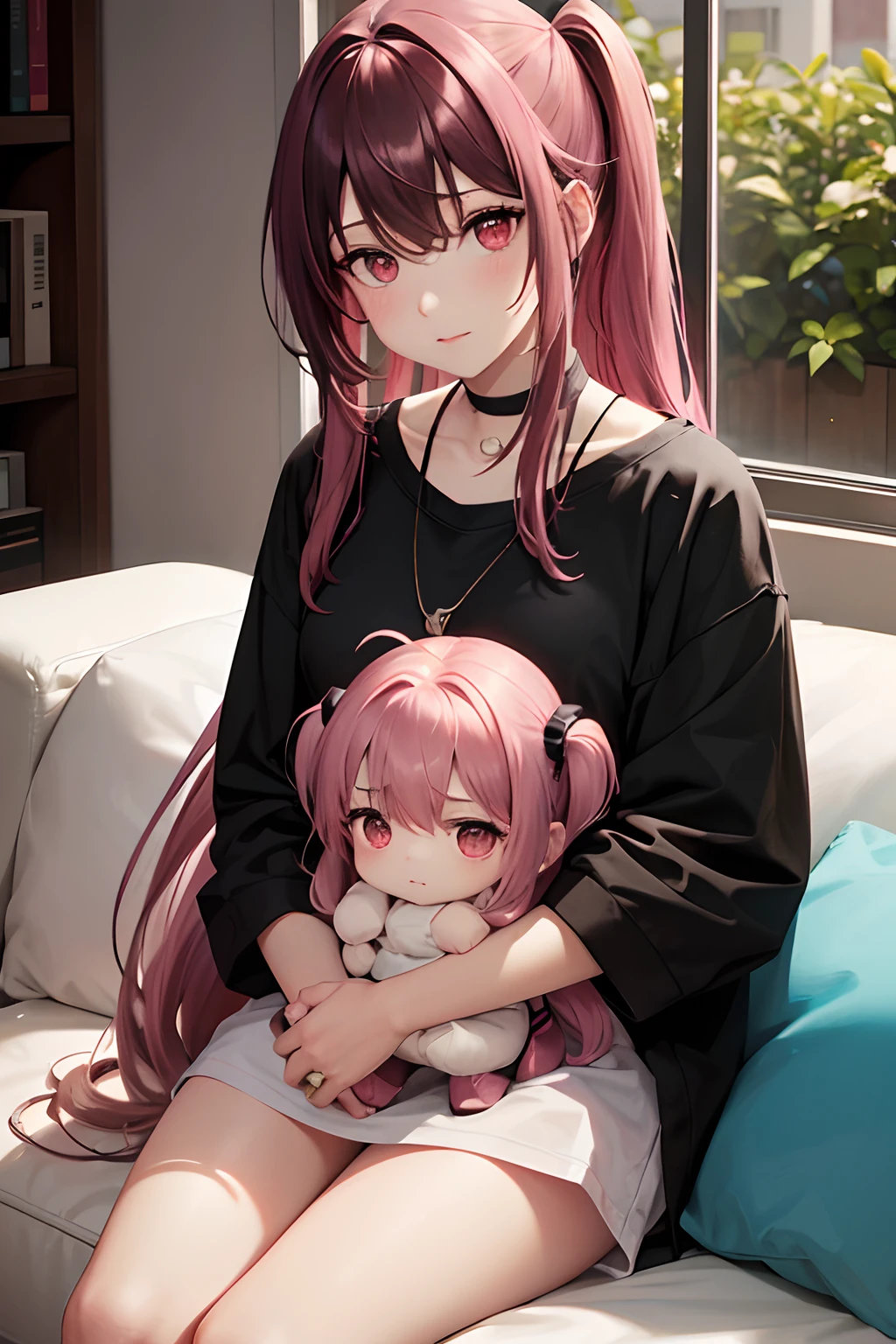1girl, black necklace, brown hair, brown hair, closed mouth, dyed hair near the eyes, pink hair near the eyes, Hair between the eyes, Long hair, multi-colored hair, Indoors, pink hair , pony tail, red eyes, Shirt, 独奏, two tone hair, extra very long hair, white oversized t-shirt, sitting on the couch, hugs a toy