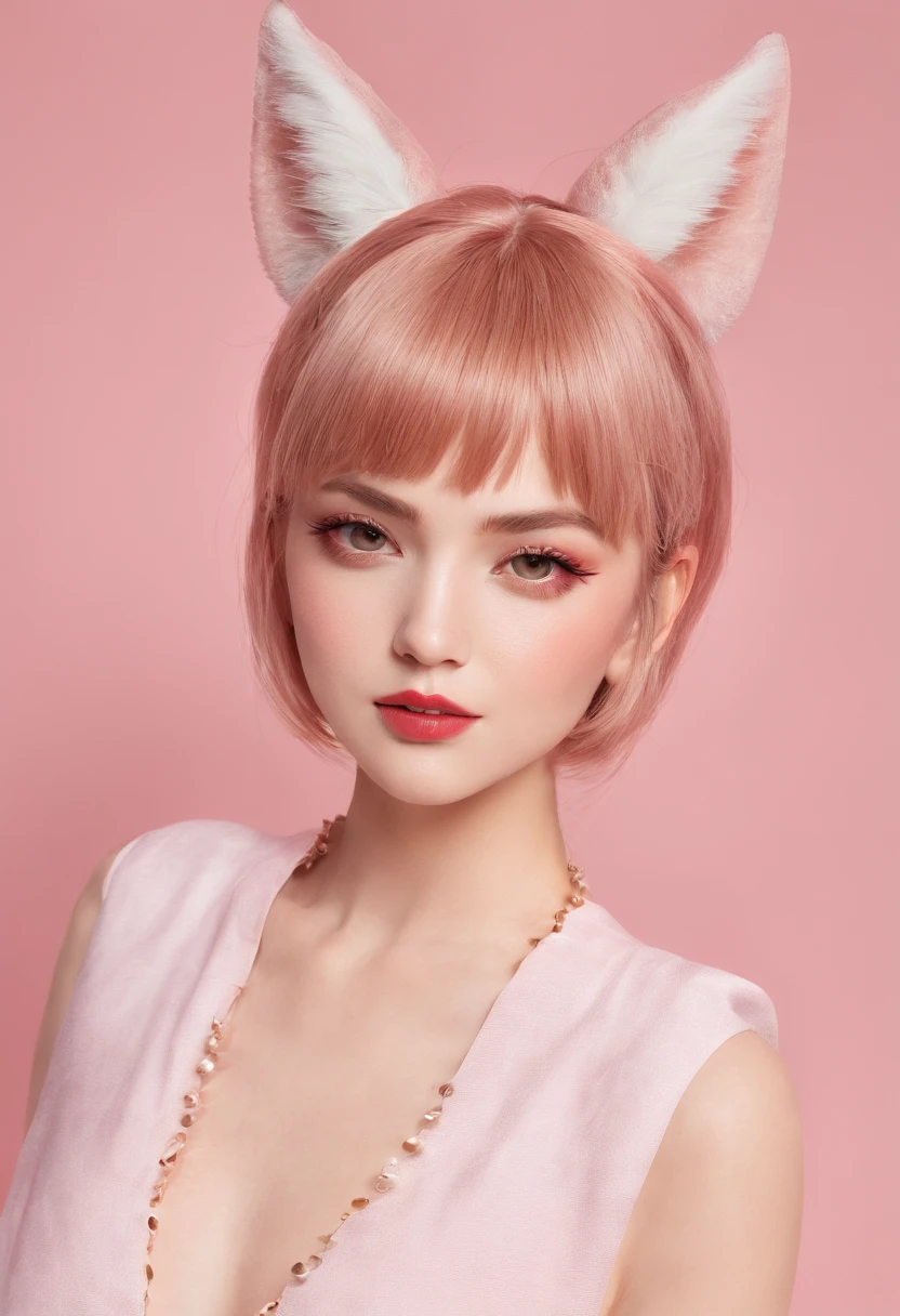 (amia:0.9), closed mouth, *********** girl, cat ears, pink hair, short hair, face focus, slim, slender, looking at viewer, (masterpiece), (best quality:1.2), absurdres, intricate details, rimlit, (highly detailed skin:1.2),