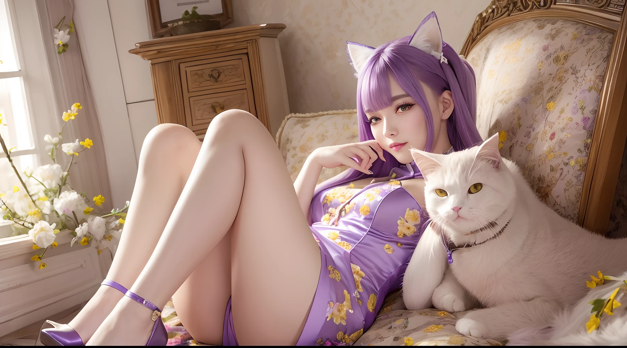 (best quality,highres),lavender hair,cat ears,sparkling eyes,plump lips,charming smile,yellow floral cheongsam,detailed legs,shiny shoes,artistic style,soft colors,warm lighting