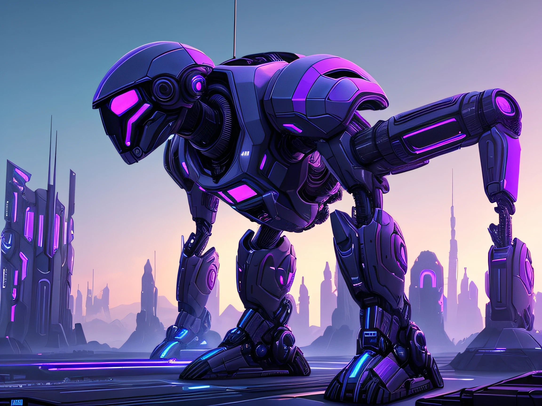 "Humanoid cybernetic structure created for combat on an alien planet":
Meio: Arte 3D
Estilo: Cyberpunk
Artista: Syd Mead
Sites de arte: ArtStation
Resolution: Intrincado
Detalhes adicionais: alien ruins, atmosfera urbana
Cor: Neon, purple and blue
Lighting: Night city lighting