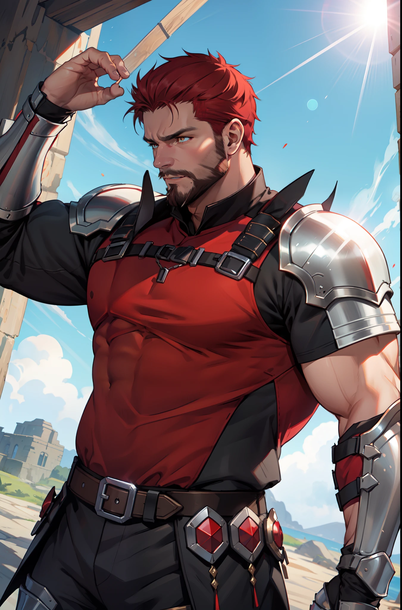 medieval big kingdom on the horizon in the background, old mature muscular male, redhead, red hair, very short hair, militar cut hairstyle, (((red beard))), ((ginger beard)), ((thick beard)), (((full beard))), ((long beard)), orange eyes, glowing eyes, 48 year old, muscular male, tall, hunk, jock, bara biceps, abs, chest, medieval armor, light armor, red armor, mystical armor, golden details in armor, black details in armor, elsword style armor, ((exposed arms)), thick beard, neutral face, cowboy shot, high resolution:1.2, best quality, masterpiece, daylight, lens flare, upper body shot