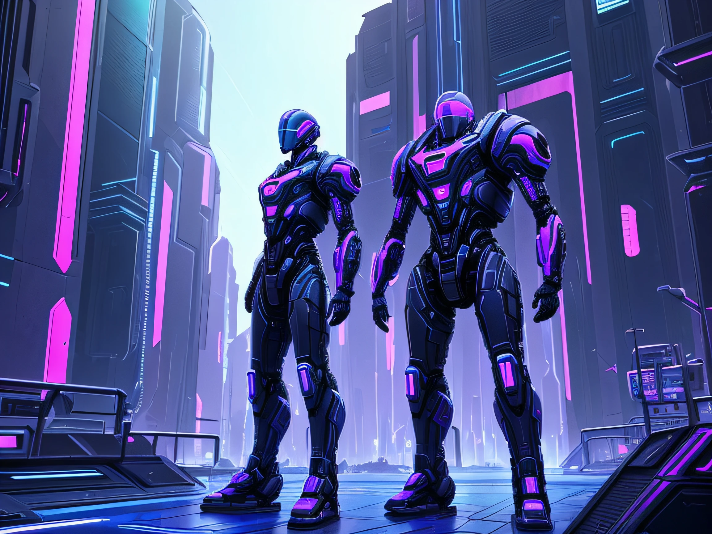 "Humanoid cybernetic structure created for combat on an alien planet":
Meio: Arte 3D
Estilo: Cyberpunk
Artista: Syd Mead
Sites de arte: ArtStation
Resolution: Intrincado
Detalhes adicionais: alien ruins, atmosfera urbana
Cor: Neon, purple and blue
Lighting: Night city lighting