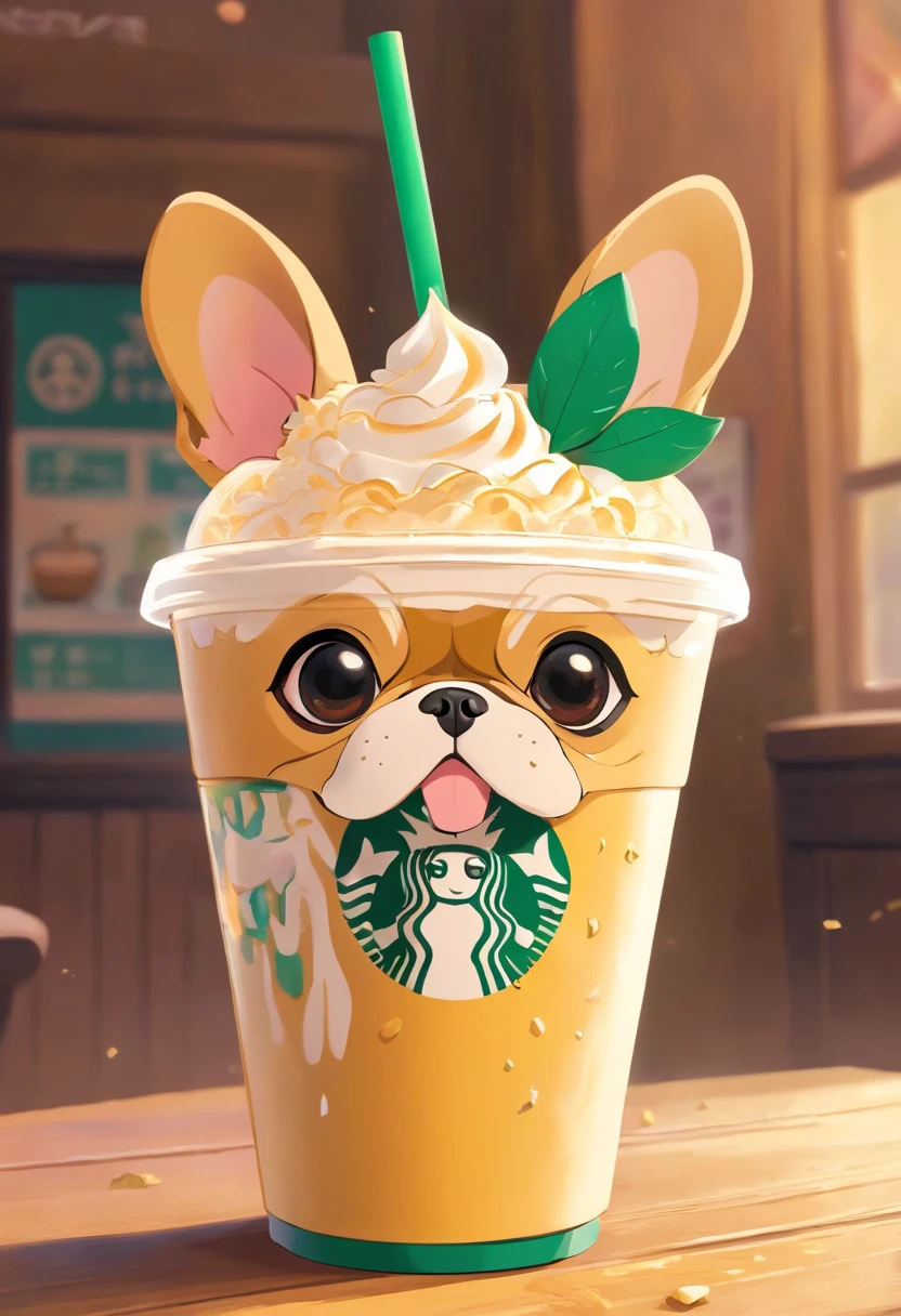 Unique, Cartoonish playful French bulldog-shaped cup, Colorful Starbucks-style frappuccino, French bulldog Starbucks style logo.