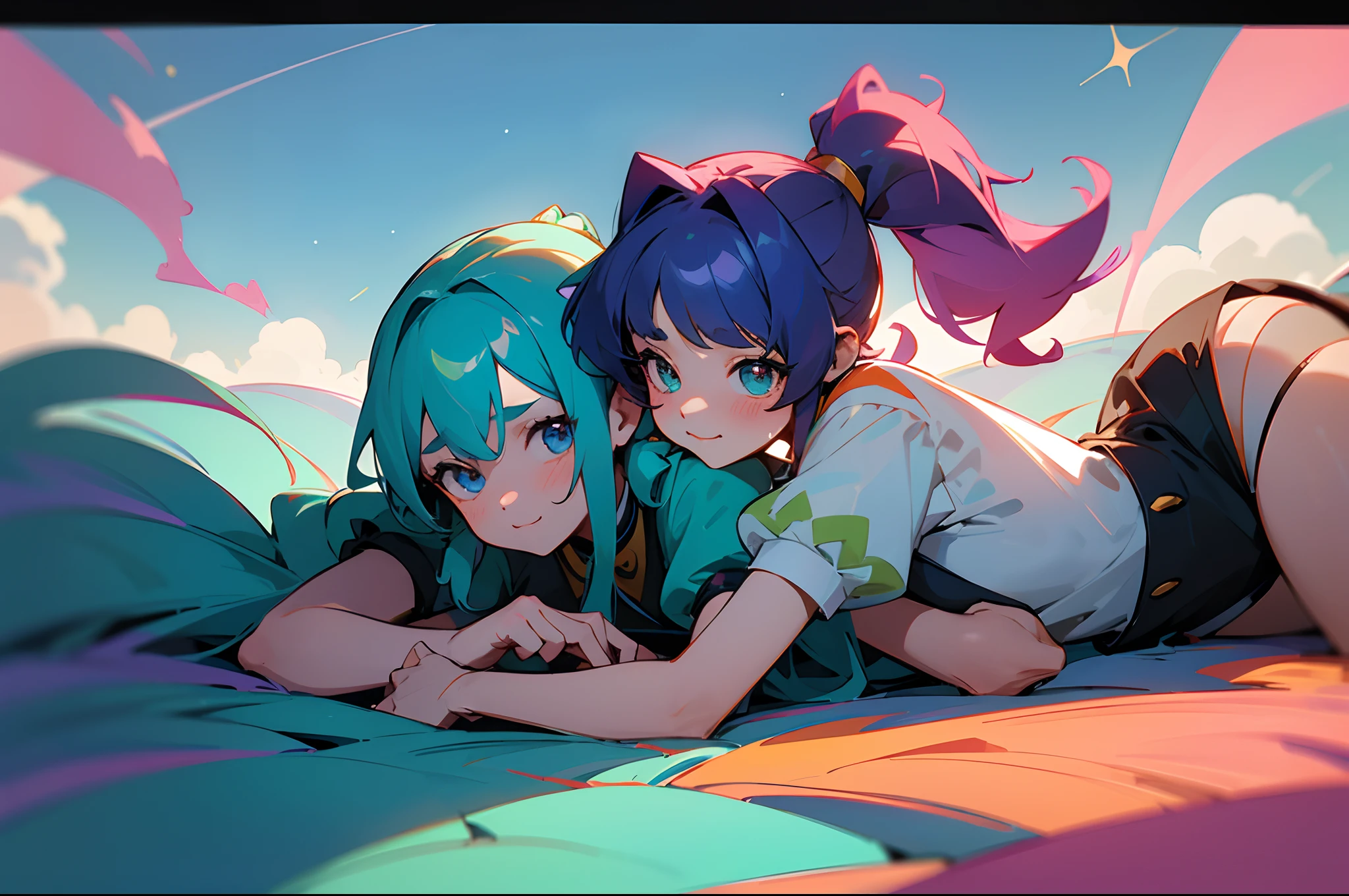 ((colourful, As detailed as possible)), Two Anime Friends, lying on top of each other and looking at the camera against the night sky, ??????, yuri, Dominates, Two friends, 2 d anime style, flat anime style, in anime style, the anime, anime stylized, glass hair, Glowing Hair, portraite of a, Gemstone uniforms \(The Land of Precious Stones\), Black Uniform, black necktie, white shirt, puffy short sleeves, Shorts, Smile, puffy short sleeves, Puffy armbands, Shirt, short sleeve, sparkle, (The first girl with a high shoulder-length ponytail and a calm face), beatiful face, multi-colored hair, Hair gradient, Hair color from blue to peach, without bangs, curly curl on the cheek, hairstyle: high ponytail, long tail, hair from Tanzanite, peach-colored eyes, :3, Short eyebrows,,, (The second girl with two long green pigtails and a happy face), wide eyes, turquoise hair, Turquoise textured hair, (turquoise two pigtails), light background, natural light, vivid picture, Additional lighting, cloudy skies, clouds, Multi-colored space, Beautiful sky