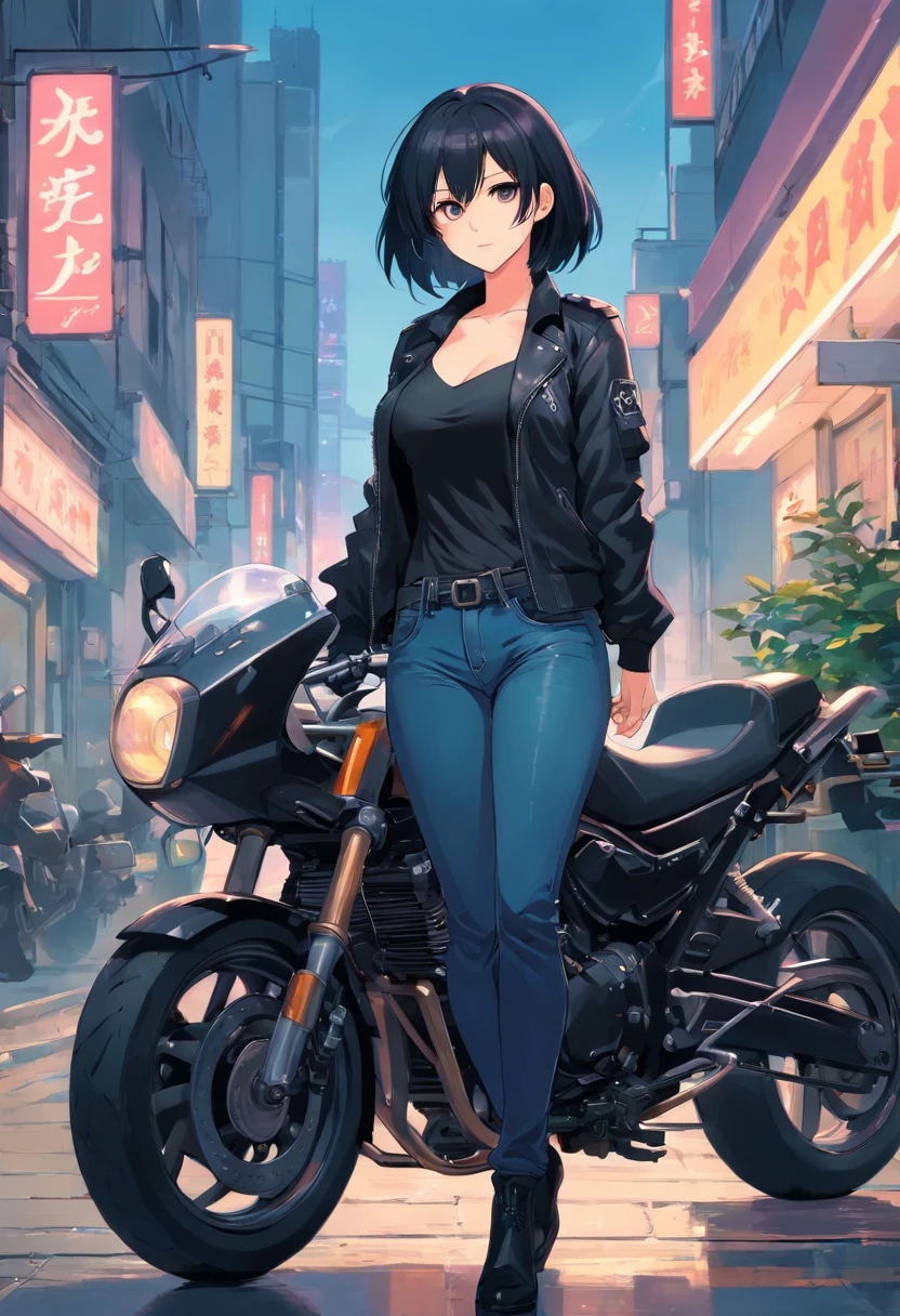 Badass beautiful goth woman with big breasts wearing black jacket and jeans curved slim thick figure next to motorcycle masterpiece