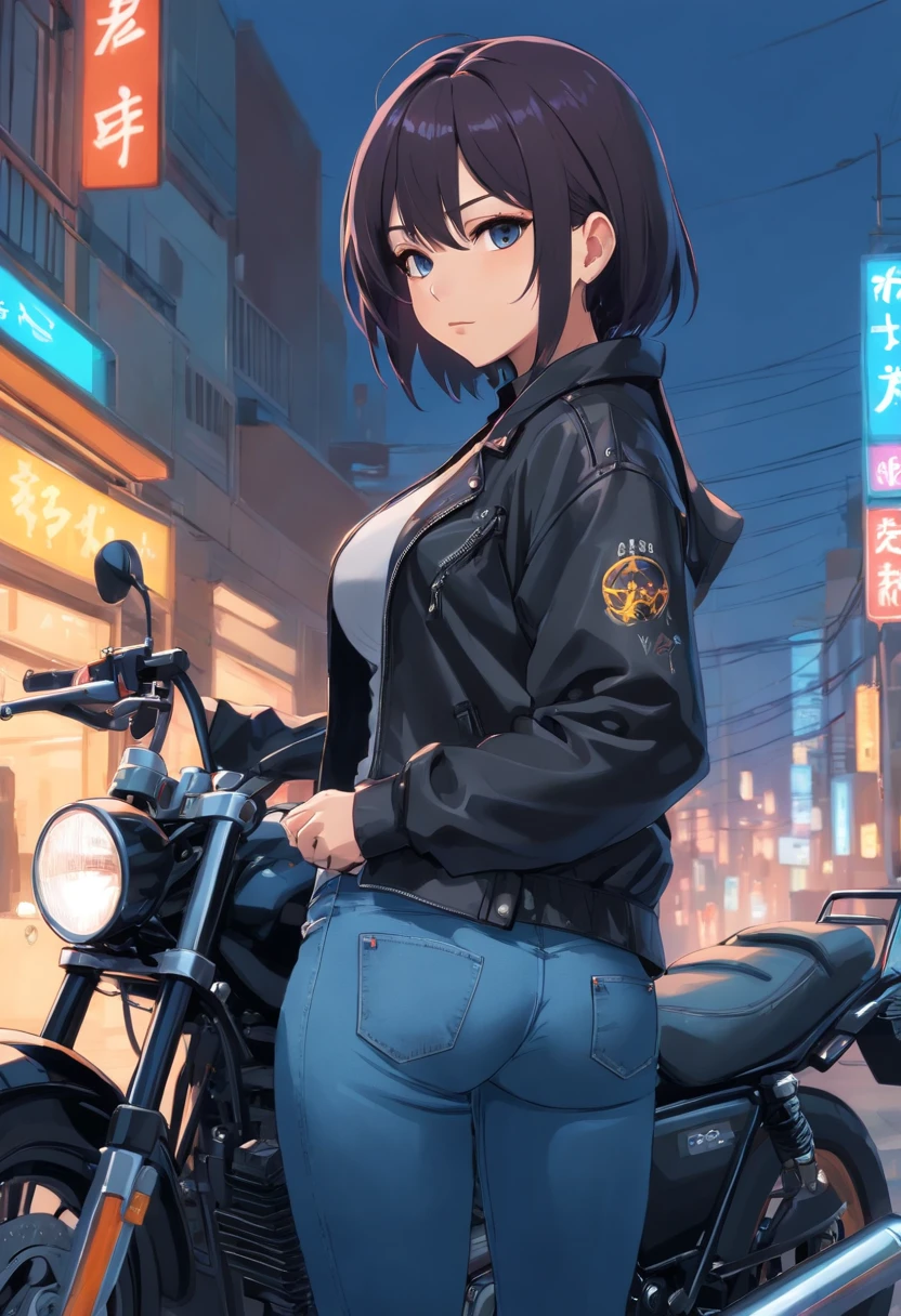 Badass beautiful goth woman with big breasts wearing black jacket and jeans curved slim thick figure next to motorcycle masterpiece