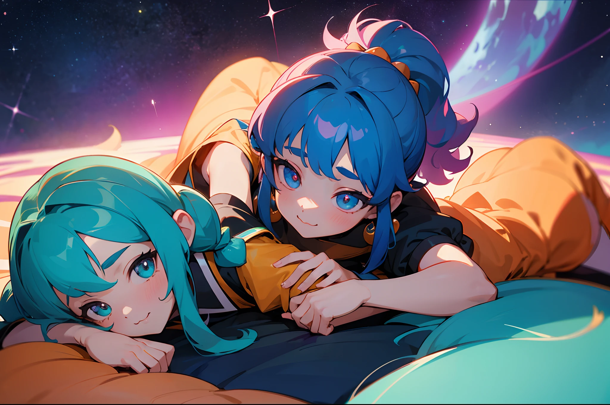 ((colourful, As detailed as possible)), Two Anime Friends, lying on top of each other and looking at the camera against the night sky, Erotic, yuri, Dominates, Two friends, 2 d anime style, flat anime style, in anime style, the anime, anime stylized, glass hair, Glowing Hair, portraite of a, Gemstone uniforms \(The Land of Precious Stones\), Black Uniform, black necktie, white shirt, puffy short sleeves, Shorts, Smile, puffy short sleeves, Puffy armbands, Shirt, short sleeve, sparkle, (The first girl with a high shoulder-length ponytail and a calm face), beatiful face, multi-colored hair, Hair gradient, Hair color from blue to peach, without bangs, curly curl on the cheek, hairstyle: high ponytail, long tail, hair from Tanzanite, peach-colored eyes, :3, Short eyebrows,,, (The second girl with two long green pigtails and a happy face), wide eyes, turquoise hair, Turquoise textured hair, (turquoise two pigtails), Night background, natural light, vivid picture, Additional lighting, outer space, the stars, Multi-colored space, Beautiful sky