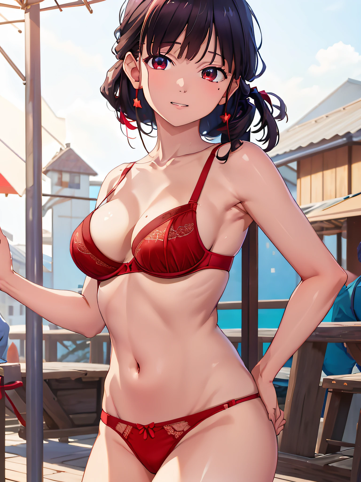 (masterpiece, best quality:1.2), highres, high resolution, MiyoSaimori, 1girl, solo, bra, (red bra), panties, (red panties) smile, teeth visible, (hair tied up), outdoors, beach, bangs, (medium breast, medium boobs), navel, collar bones, looking at viewer, cinematic lighting, perfect fingers, perfect anatomy, beautiful face, alluring face, extra detailed face, award winning quality, blur background, ((masterpiece)), high quality, (cowboy shot)