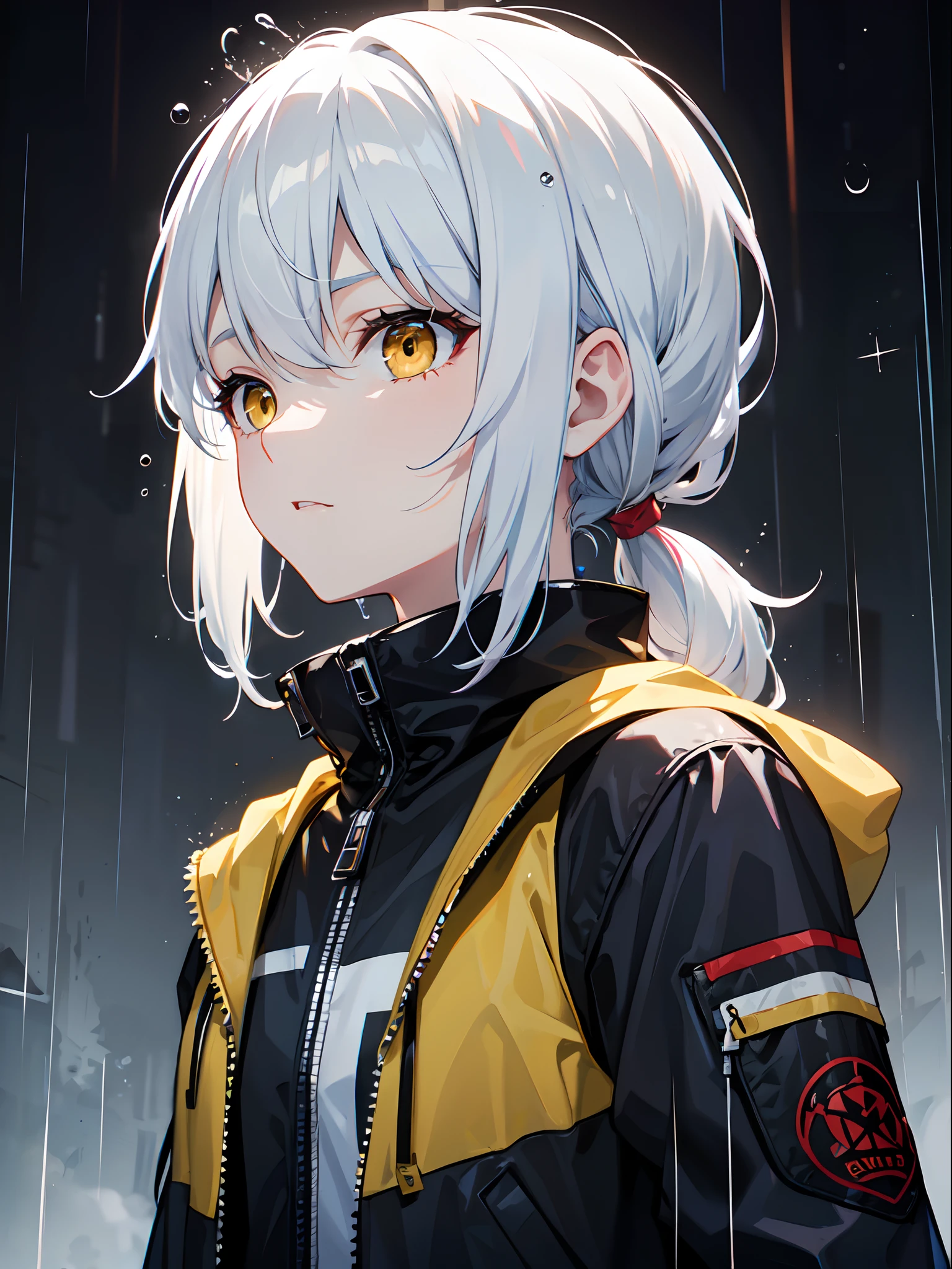 White blue hair, pony tail, yellow eyes, cool face, jacket, rain background