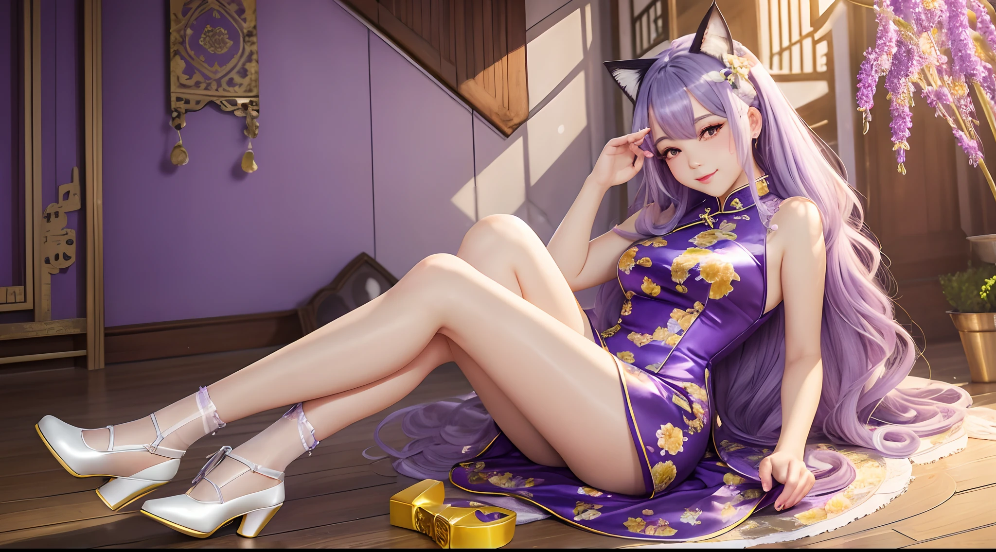 (Best quality,A high resolution),lavender hair,Cat ears,Sparkling eyes,Plump lips,Charming smile,Yellow floral cheongsam,Detailed legs,shiny shoes,Artistic style,pastelcolor,Warm lighting