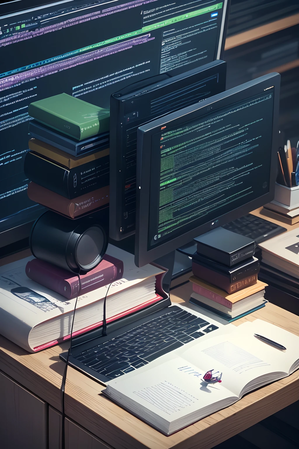 (best quality,highres),illustration,programming studies,development,detailed programming books,detailed coding environment,computer desk with multiple screens,learning,code documentation,code snippets,clean and organized workspace,vibrant colors,studio lighting,accurate rendering of code and logos,code editor with syntax highlighting,vivid illustrations of algorithms and data structures,photorealistic laptops,stacks of study materials,books and notebooks,highlighted code segments,conceptual diagrams,digital art,inspiring artwork,creative mindset,engaged learning,dedicated learner,productive coding session,digital illustrations,programming community support,online tutorials and resources,problem-solving mindset,achieving mastery in programming,computer science concepts,algorithmic thinking.