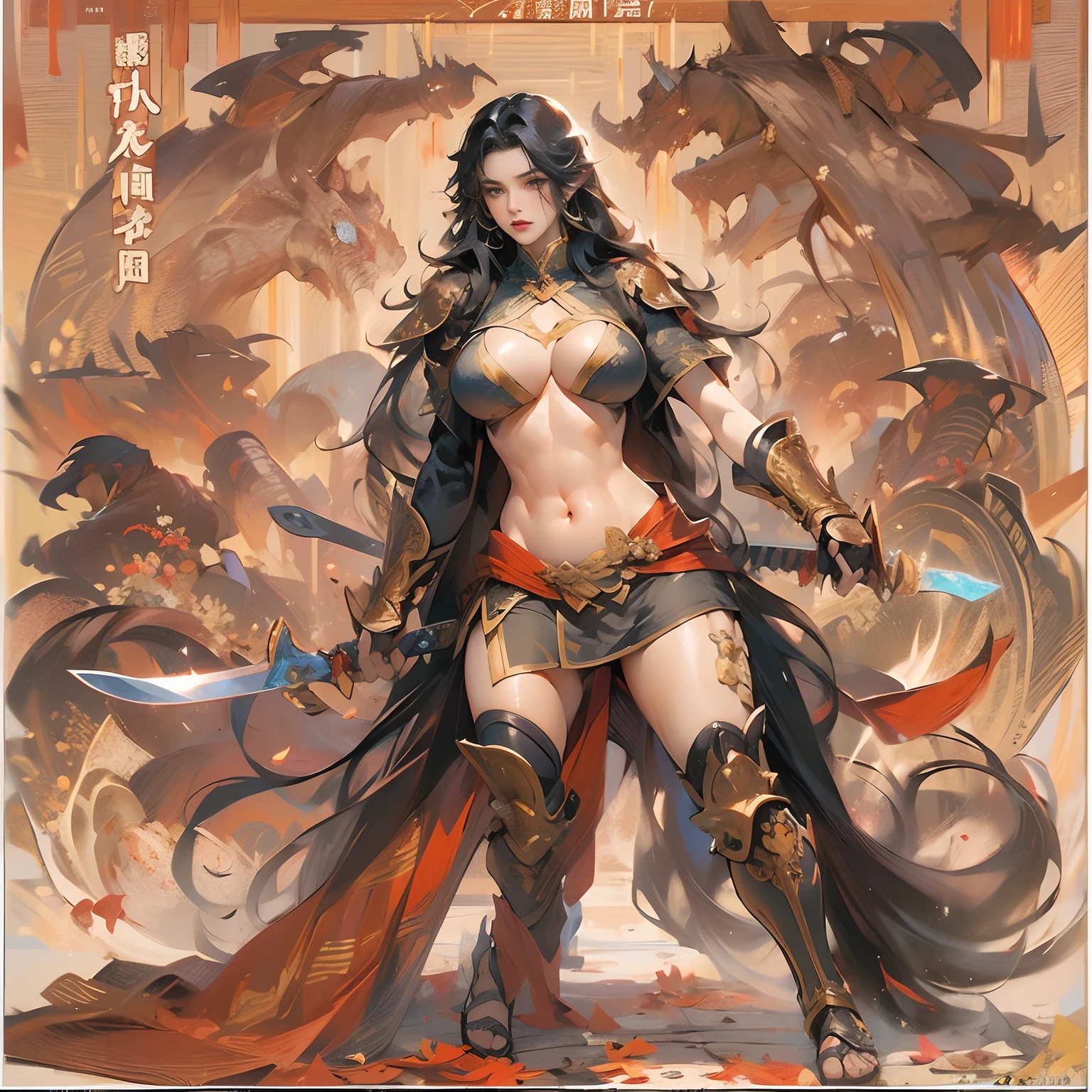 Sexy woman with long black hair，National style woman，Wearing a naked，full bodyesbian，Pose from head to toe，Big breasts and big buttocks，Big breasts and fat buttocks，Sword, swordsmen，Jianghu martial arts，Copper money armor