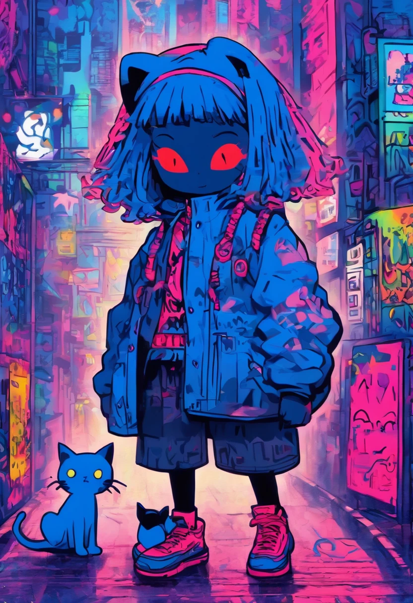 There was a cute girl with a cat, Stand on a quiet city street,Niedliche Vollbild-Graffiti-Kunst,Grobe Strichzeichnung von Mr. Graffiti und Keith Haring, Klein blau, Stickman, jugendlich, niedlich, anthropomorph, ,Skizzen, Sharpie-Illustration, MBE-Illustration, Fette Linien, Grunge-Beauty-Stil, Gemischte Muster, Text- und Emoji-Installationen,32 Tsd.