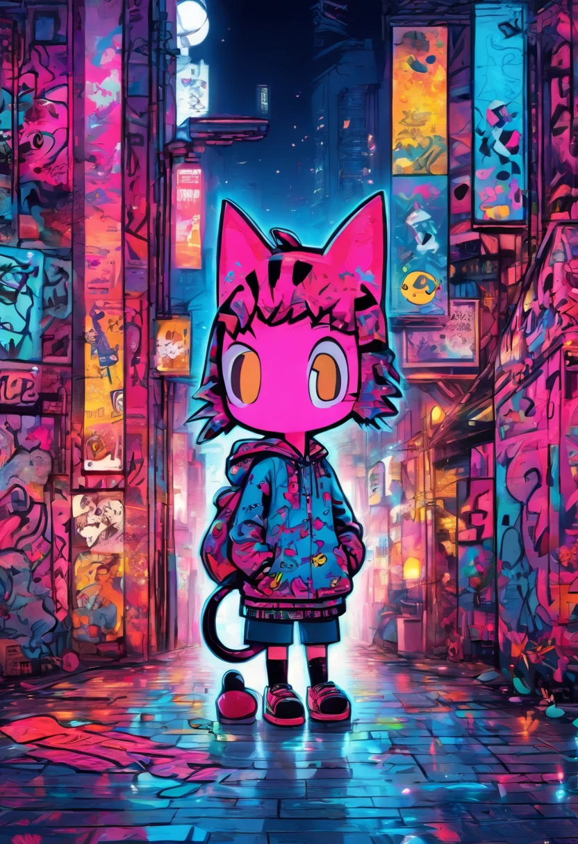 There was a cute little girl with a cat, Stand on a quiet city street,Niedliche Vollbild-Graffiti-Kunst，Grobe Strichzeichnung von Mr. Graffiti und Keith Haring, Klein blau, Stickman, jugendlich, niedlich, anthropomorph, ,Skizzen, Sharpie-Illustration, MBE-Illustration, Fette Linien, Grunge-Beauty-Stil, Gemischte Muster, Text- und Emoji-Installationen,32 Tsd.