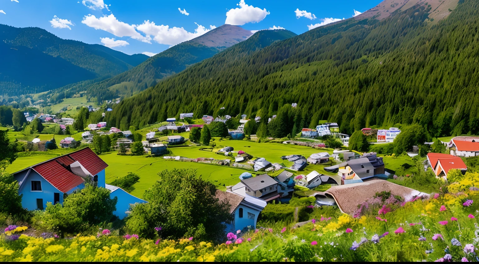 (realistic,ultra HD, 4K),village on a mountain,high up,mountainous landscape,colorful houses,cozy cottages,peaceful atmosphere,serene environment,lush greenery,rolling hills,abundance of flowers,cheerful locals,warm smiles,contented lives,simple living,harmonious community,well-preserved traditions,connected with nature,crystal-clear streams,flowing waterfalls,majestic peaks,towering trees,blue skies,fluffy clouds,fresh mountain air,natural beauty,unsurpassed tranquility,soft sunlight,gentle breeze,happy children,laughing and playing,cascading terraces,vegetable gardens,bustling marketplace,local produce,handcrafted goods,singing birds,tinkling bells,rustic charm,authenticity,cultural heritage,time-honored customs,warm hearths,gathering around bonfires,sparkling starry nights,endless star-filled sky,awe-inspiring vistas,spectacular sunrise and sunset,awe-inspiring vista,happiness,harmony,gratitude.