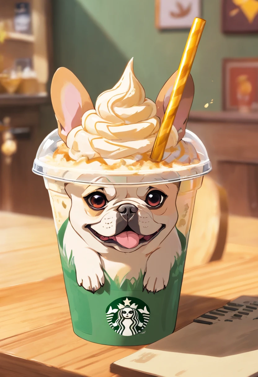 Unique, Cartoonish playful French bulldog-shaped cup, Colorful Starbucks-style frappuccino, French Bulldog Logo.