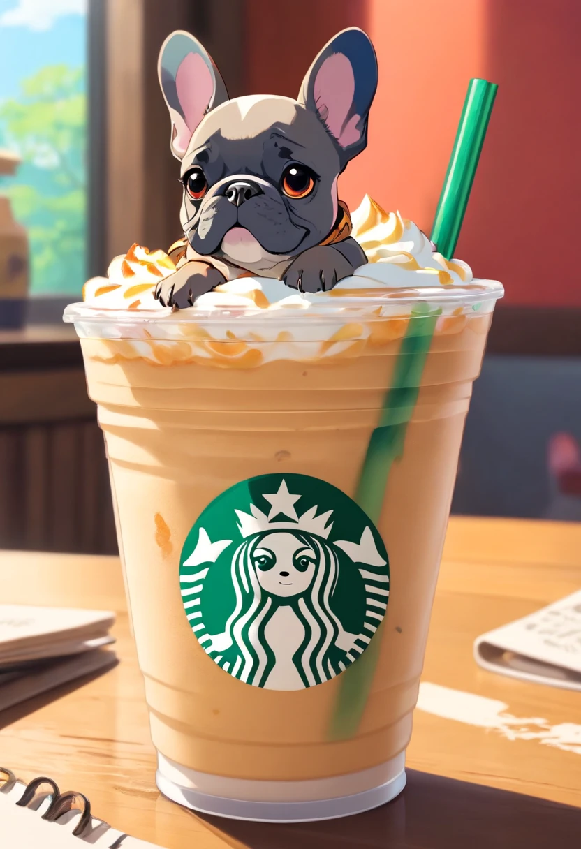 Unique, Cartoonish playful French bulldog-shaped cup, Colorful Starbucks-style frappuccino, French Bulldog Logo.