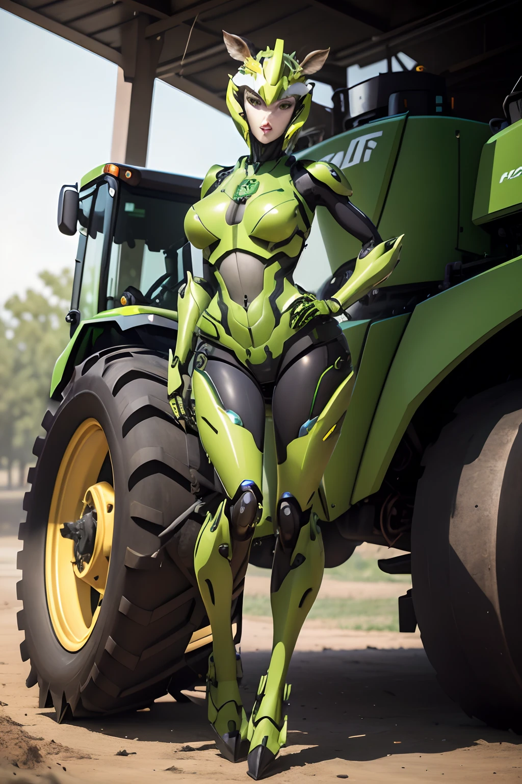 Masterpiece, green and yellow female tractor robot, sexy, robotic face,deer autobot logo,no vehicles, tractor parts as armor, robotic science fiction gun,