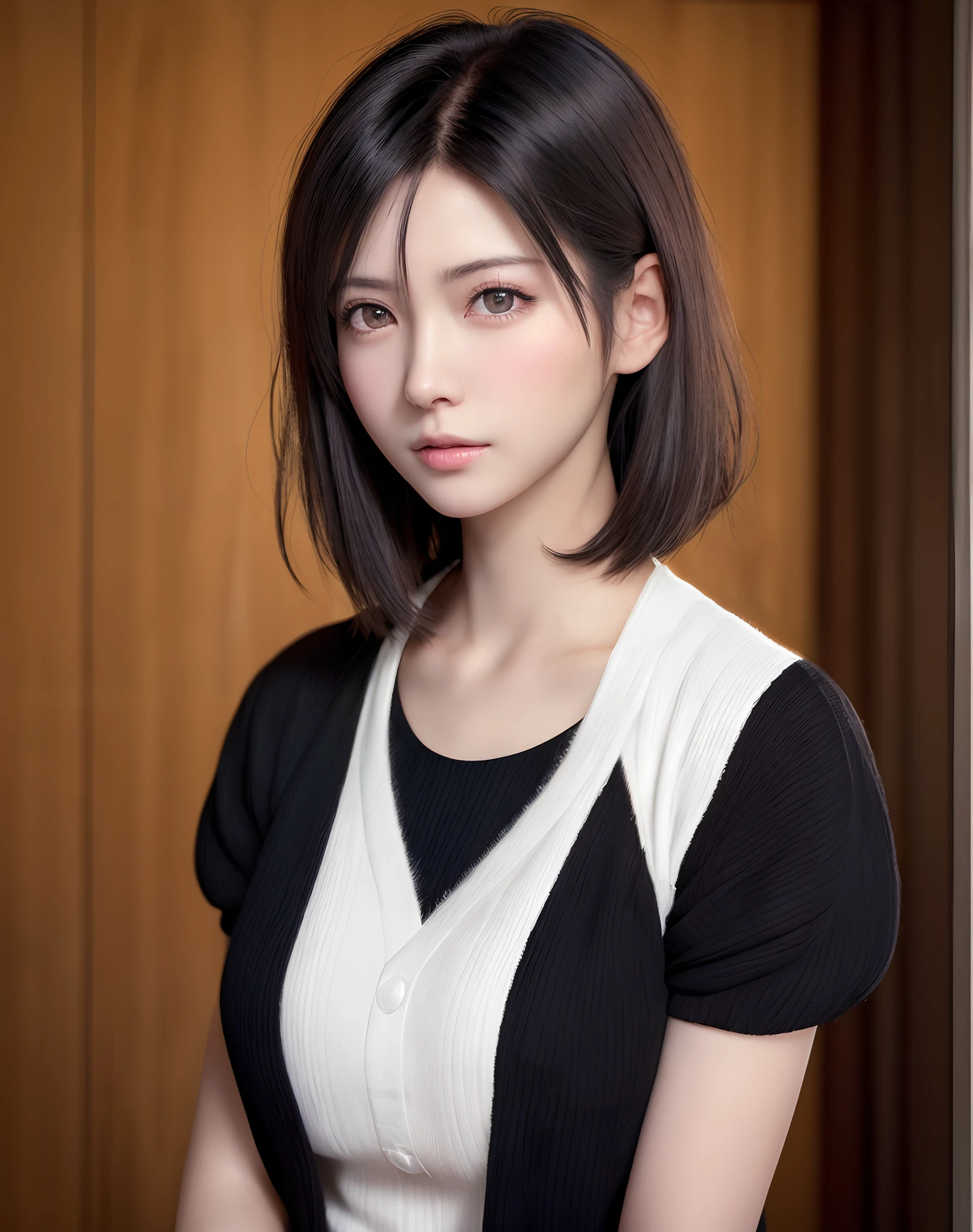 (masutepiece:1.3), (8K, Photorealistic, Raw photo, Best Quality: 1.4), Japan people, (1 beautiful woman),25 years old, Beautiful face, (Realistic face), (Black hair, Short hair:1.3), Beautiful hairstyle, Realistic eyes, Beautiful eyes, Beautiful eyes, (Rea...