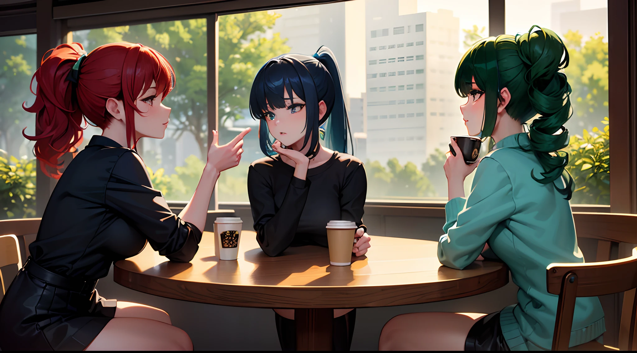 masterpiece, lots of detail, 4k, 8k, ((ultra-detailed)), highres, 2girls, coffee shop, sitting, talking, {red hair|green hair|black hair|blue hair}, {ponytail|short hair|long hair|curly hair}