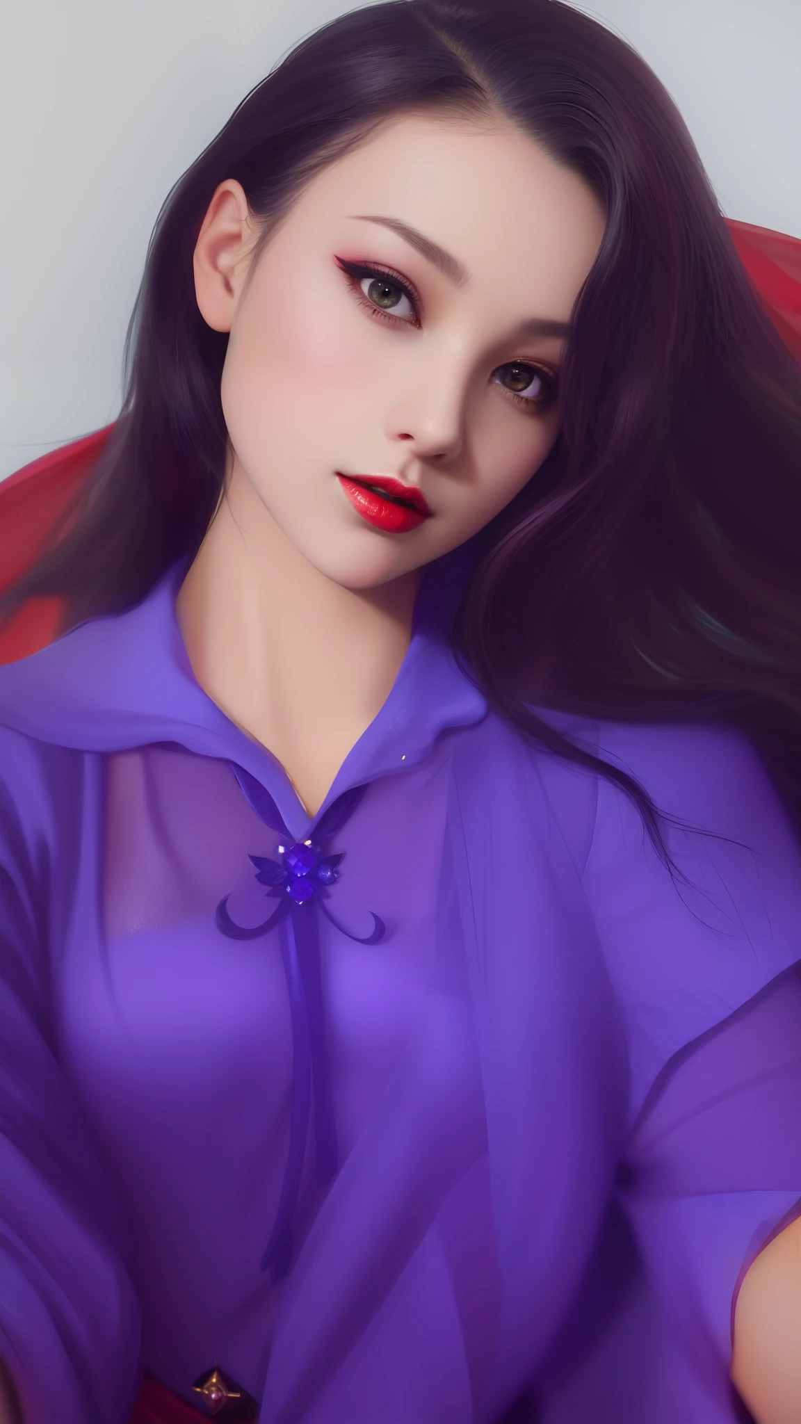 Best quality, masterpiece, highres, 1girl, hanfu, chinese underwear, hair ornaments, necklace, jewelry, crown jewelry. Pretty face, upper body, magic import style, tyndall effect, photorealistic, dark studio, border light, two tone light, (high detail skin: 1.2), 8k uhd, dslr, soft light, high quality, volumetric light, candid, Photo, high resolution, 4k, 8k, Bokeh, (light pink lips), 1 beautiful demon from hell, In the Dark: 1.6), surreal female portraits by David Hockney and Alphonse Mucha, fantasy art, photorealism, dynamic lighting, station art, posters, volumetric lighting, highly detailed faces, super 8k, Awarded, in the dark, deep shadow, low light, cowboy lens, (Red phoenix dress: 1.4), long hair, black hair, bust, palace luxury, Royal style, crown devil, red eyes with very sharp and detailed makeup, Best face, Very big and round and round breasts, Surreal, chinese women's clothes, turtleneck polo shirt, charming smile, Beautiful eyes makeup, guweiz, devil style, black mesh stockings, ponytail with a bow at the back, dark red lips, Devil tattoo on shoulder, wearing a thin red and black shirt , cape, overcast and thundering landscape, (Portrait), Protagonist Close-up, (Background detail 1.8),