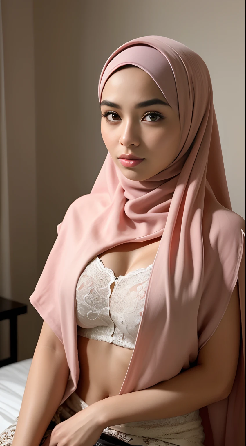 ((Top Quality, 8k, Masterpiece: 1.3)), Beauty, Hide Face, 1 malay Girl in hijab, Beautiful: 1.3, Slender Abs: 1.1, Camisole, Cleavage, (While Sitting on the Bed), Ultra Detailed Face, Highly Detailed Lips, Detailed Eyes, Double Eyelids