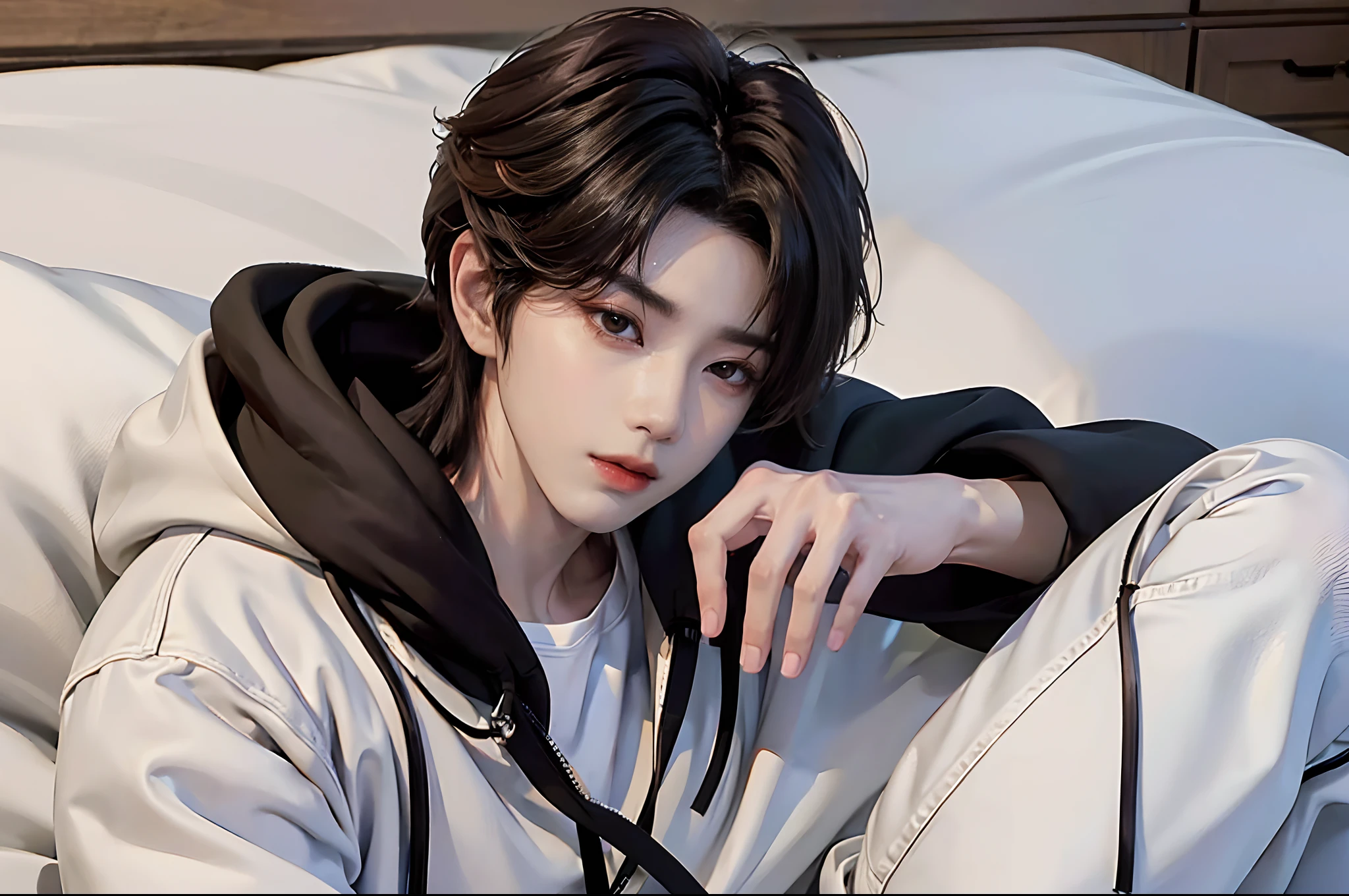 ((4K works))、masterpiece、(top-quality)、((high-level image quality))、((One Manly Boy))、Slim body、((Stylish black hoodie and long white pants))、(Detailed beautiful eyes)、Stylish bedroom、Shooting on a futon、Face similar to Chaewon in Ruseraphim、((short hair above the ears))、((Smaller face))、((Neutral face))、((Light brown eyes))、((Korean boy))、((18year old))、((Handsome man))、((Wild look))、((Korean Makeup))、((elongated and sharp eyes))、((Lying on the futon))、((selfee))、((Upper body photography))