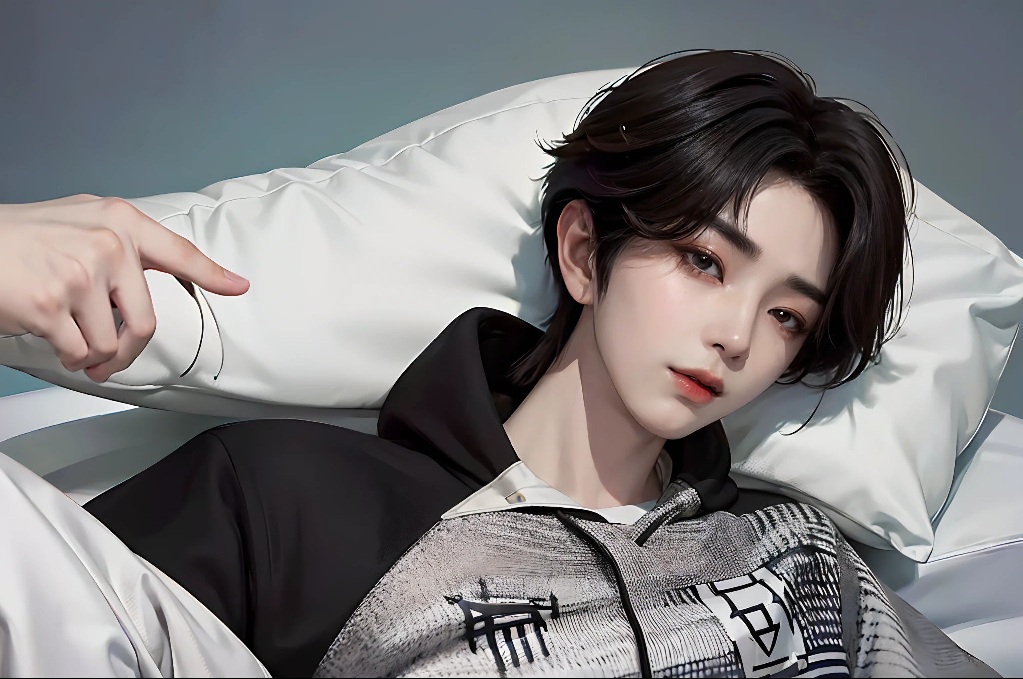 ((4K works))、​masterpiece、（top-quality)、((high-level image quality))、((One Manly Boy))、Slim body、((Stylish black hoodie and long white pants))、(Detailed beautiful eyes)、Stylish bedroom、Shooting on a futon、Face similar to Chaewon in Ruseraphim、((short hair above the ears))、((Smaller face))、((Neutral face))、((Light brown eyes))、((Korean boy))、((18year old))、((Handsome man))、((Wild look))、((Korean Makeup))、((elongated and sharp eyes))、((Lying on the futon))、((selfee))、((Upper body photography))