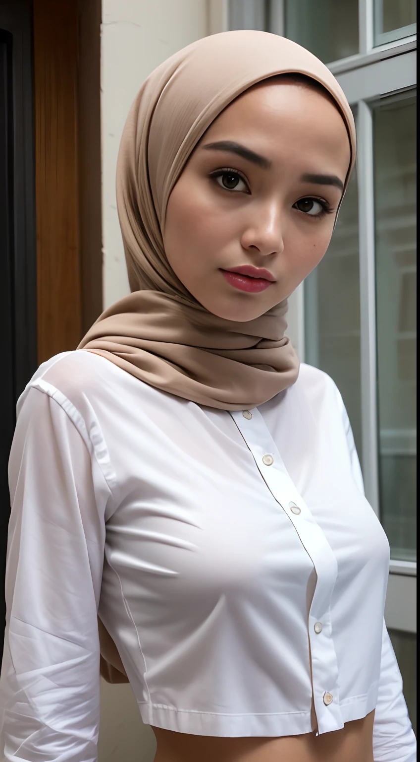 photography of a 20yo woman, perfect face, masterpiece, ((((((long black hijab)))))), stitting on the floor inside a train, grey very thin long skirt, (((((wet see throught large thin white shirt un folded viewer can see her brest throught the skirt))))), ((((black bra))))