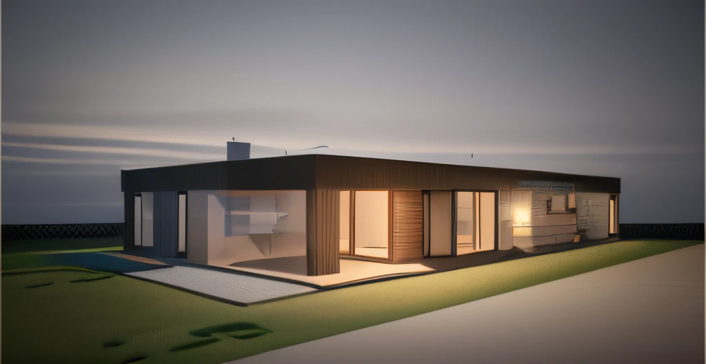 a rendering of a small house with a fireplace in the middle of the yard, concept house, one house, lumion render, 3d finalrender, 3 d finalrender, architectural render