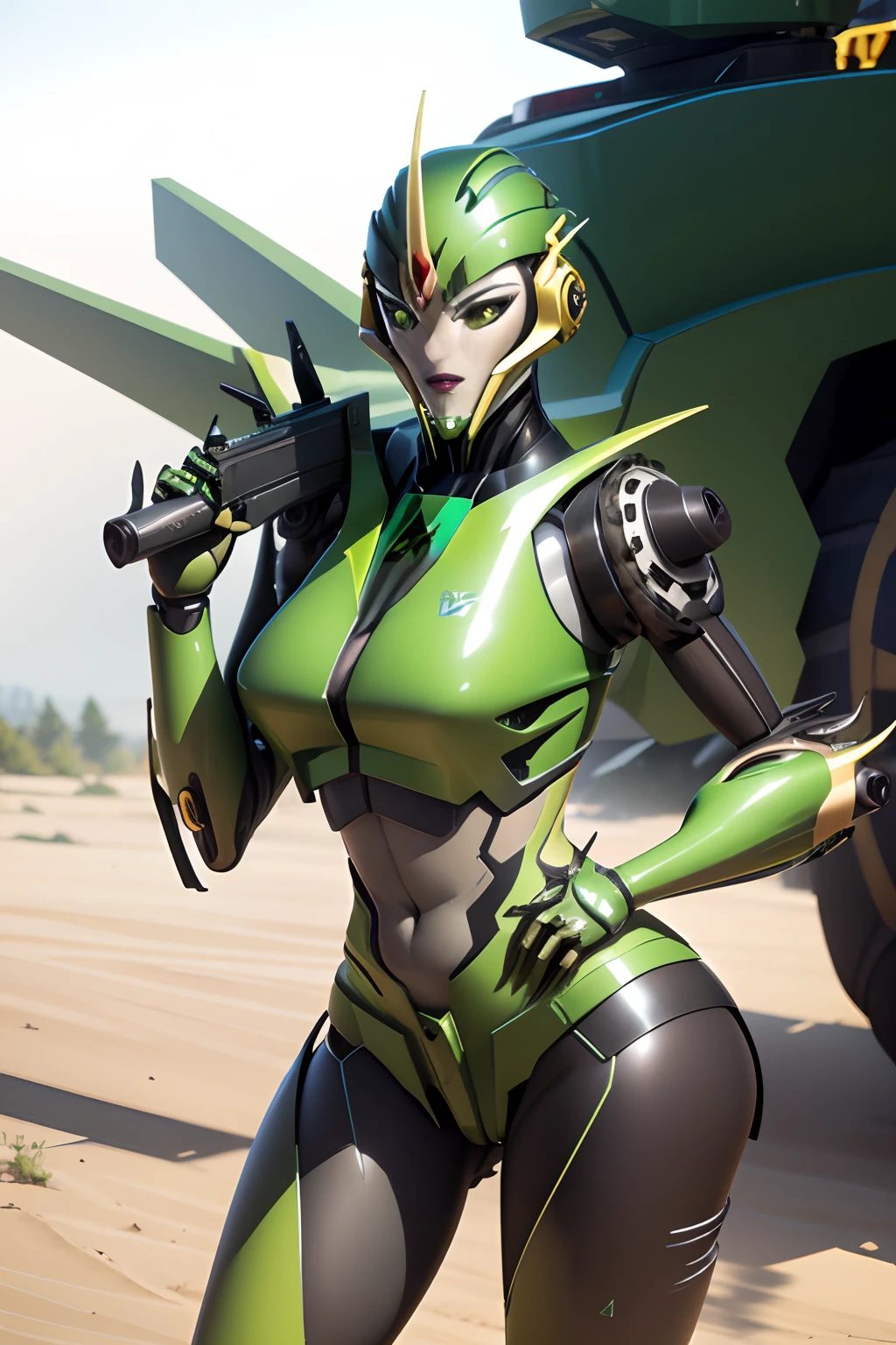 Masterpiece, sexy, green and yellow transformer, female robot tractor, realistic robotic face, sci-fi handgun, deer logo,no vehicles, no humans,