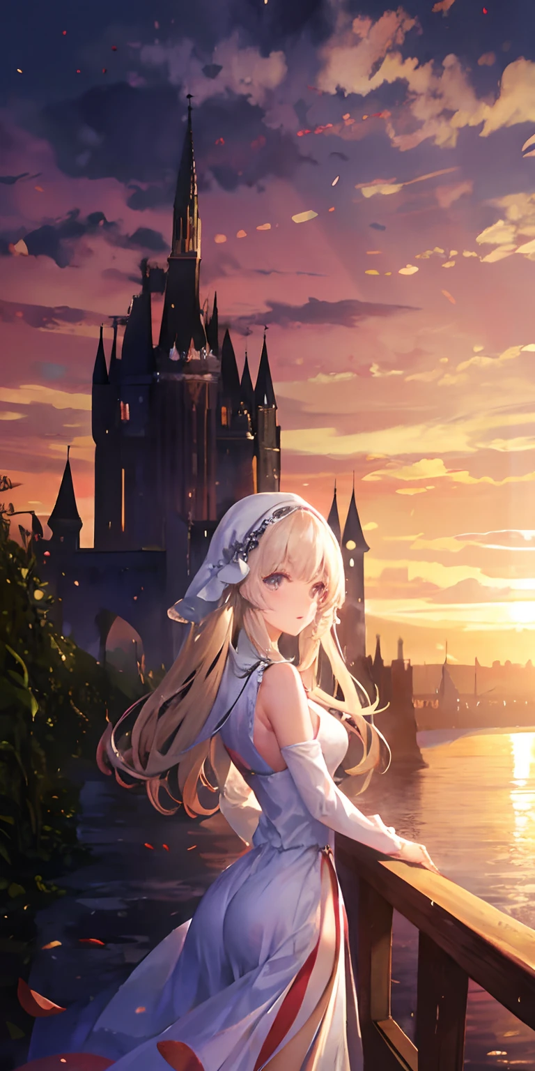 1 persons、Distant girl in tight white dress stares at medieval French castle、The sunset is beautiful、